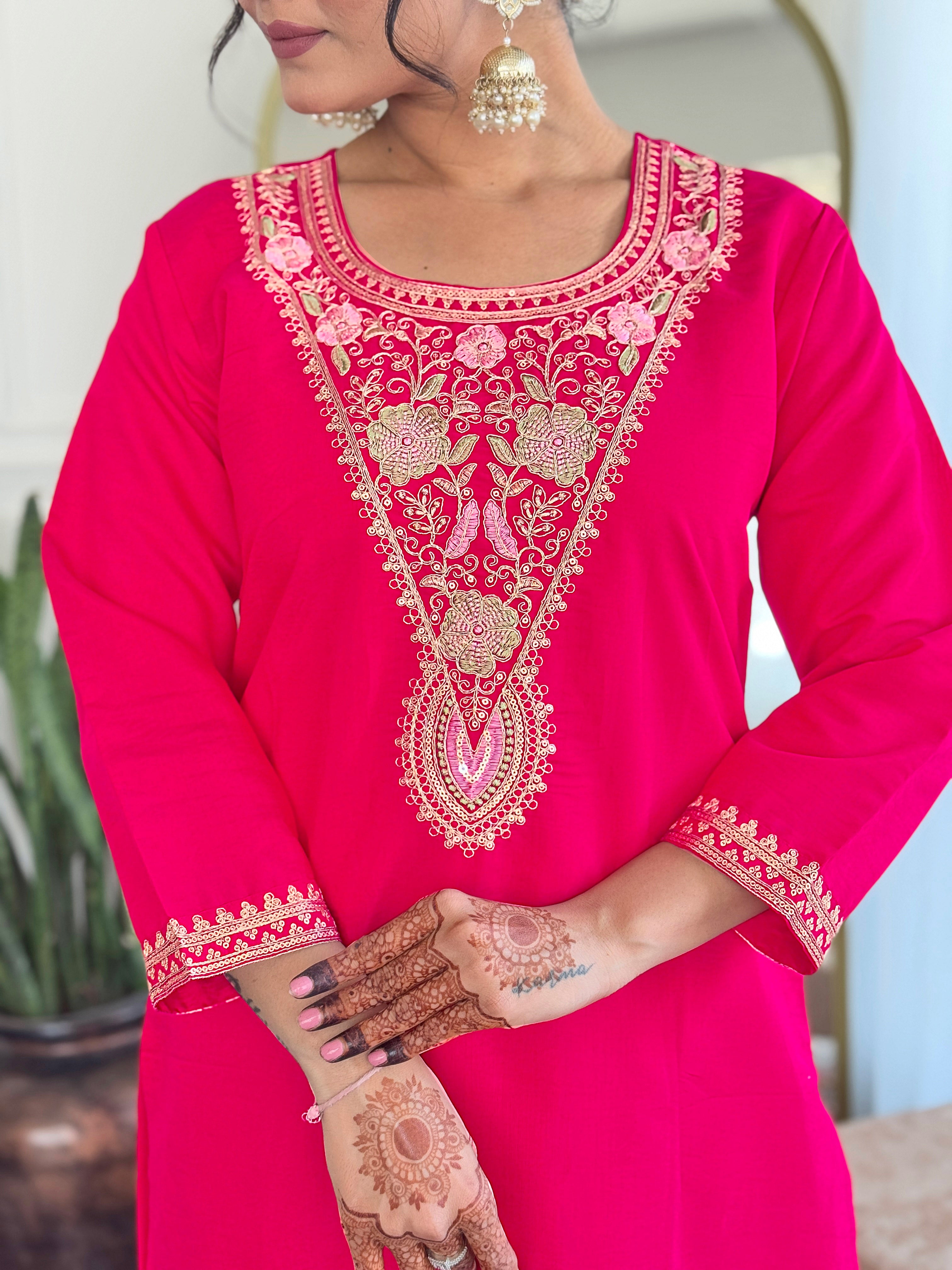 Elegant Pink Viscose Chanderi Embroidered Kurti Set with Linen Dupatta | Festive & Ethnic Wear (S–XXL)