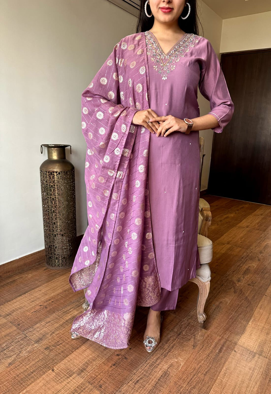 Elegant Mauve Viscose Chanderi Embroidered Kurti Set with Jacquard Dupatta