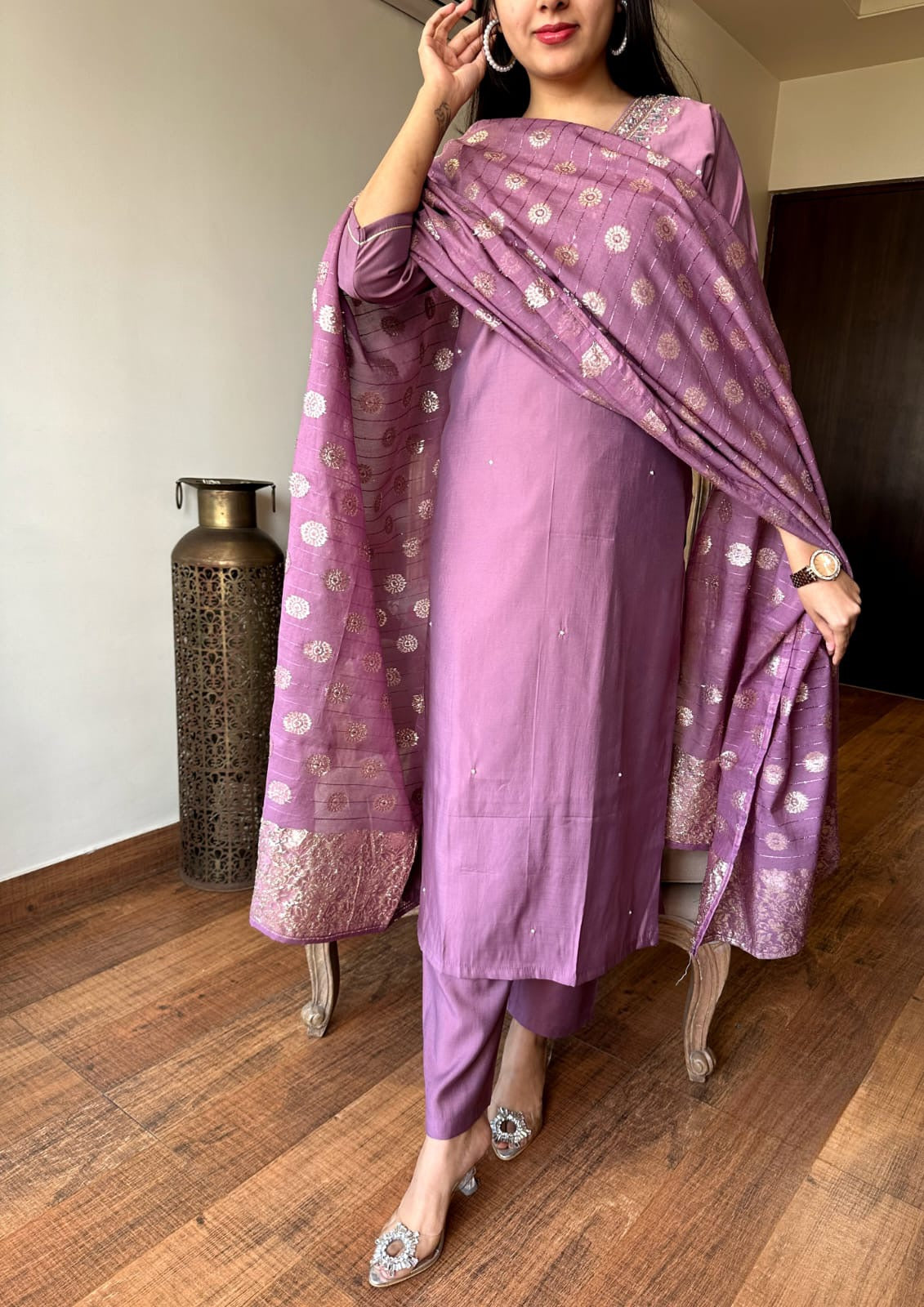 Elegant Mauve Viscose Chanderi Embroidered Kurti Set with Jacquard Dupatta