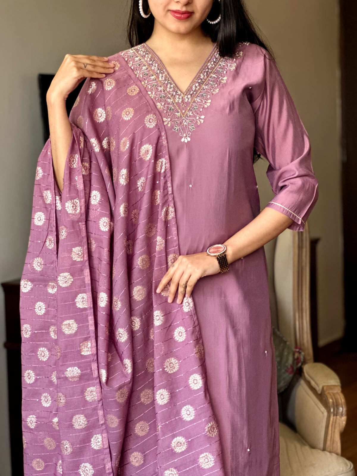 Elegant Mauve Viscose Chanderi Embroidered Kurti Set with Jacquard Dupatta