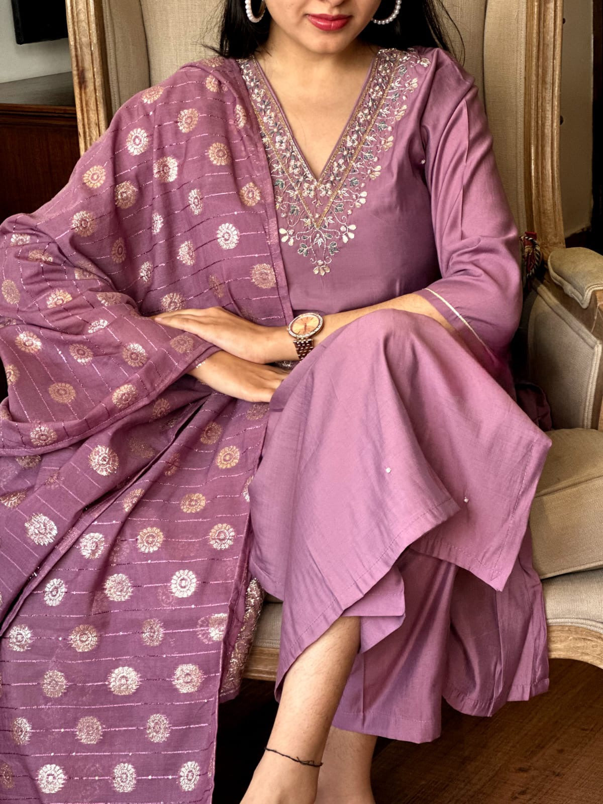 Elegant Mauve Viscose Chanderi Embroidered Kurti Set with Jacquard Dupatta
