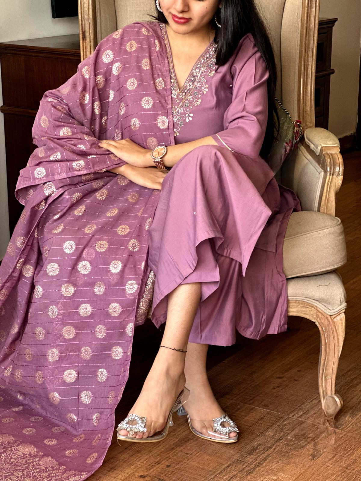 Elegant Mauve Viscose Chanderi Embroidered Kurti Set with Jacquard Dupatta