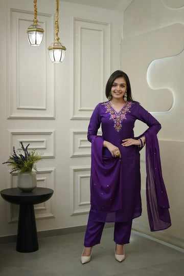 Elegant Purple Embroidered Vichitra Kurti Set with Chanderi Dupatta | Festive Wear 3-Piece Suit (S–XXL)