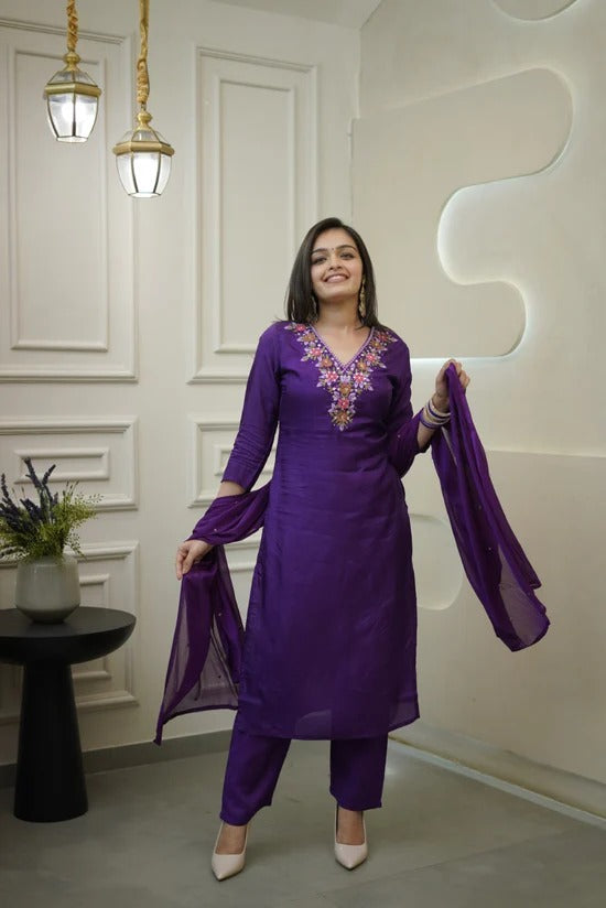 Elegant Purple Embroidered Vichitra Kurti Set with Chanderi Dupatta | Festive Wear 3-Piece Suit (S–XXL)