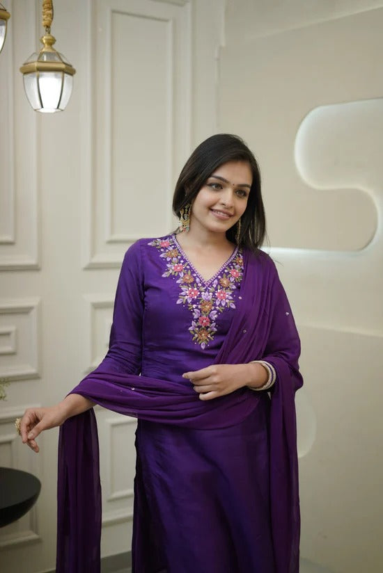 Elegant Purple Embroidered Vichitra Kurti Set with Chanderi Dupatta | Festive Wear 3-Piece Suit (S–XXL)