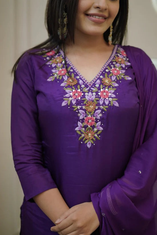 Elegant Purple Embroidered Vichitra Kurti Set with Chanderi Dupatta | Festive Wear 3-Piece Suit (S–XXL)