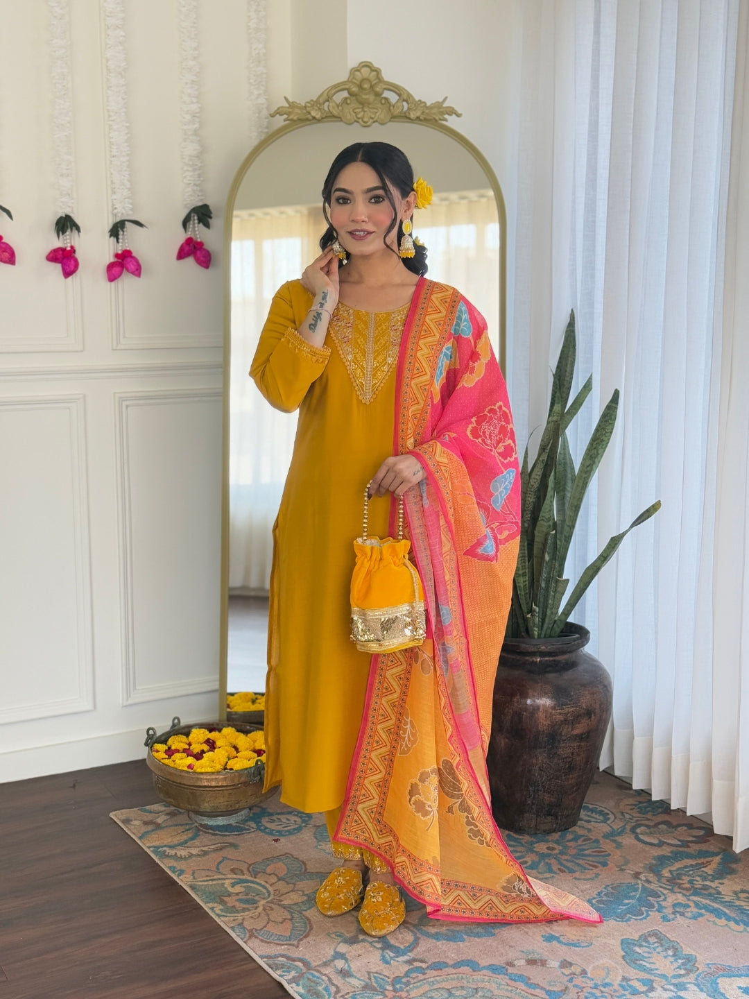 Elegant Mustard Chanderi Silk Embroidered Kurti Set with Pure Linen Dupatta | Festive & Ethnic Wear (S–XXL)
