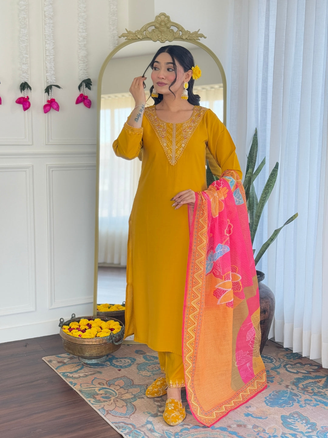 Elegant Mustard Chanderi Silk Embroidered Kurti Set with Pure Linen Dupatta | Festive & Ethnic Wear (S–XXL)