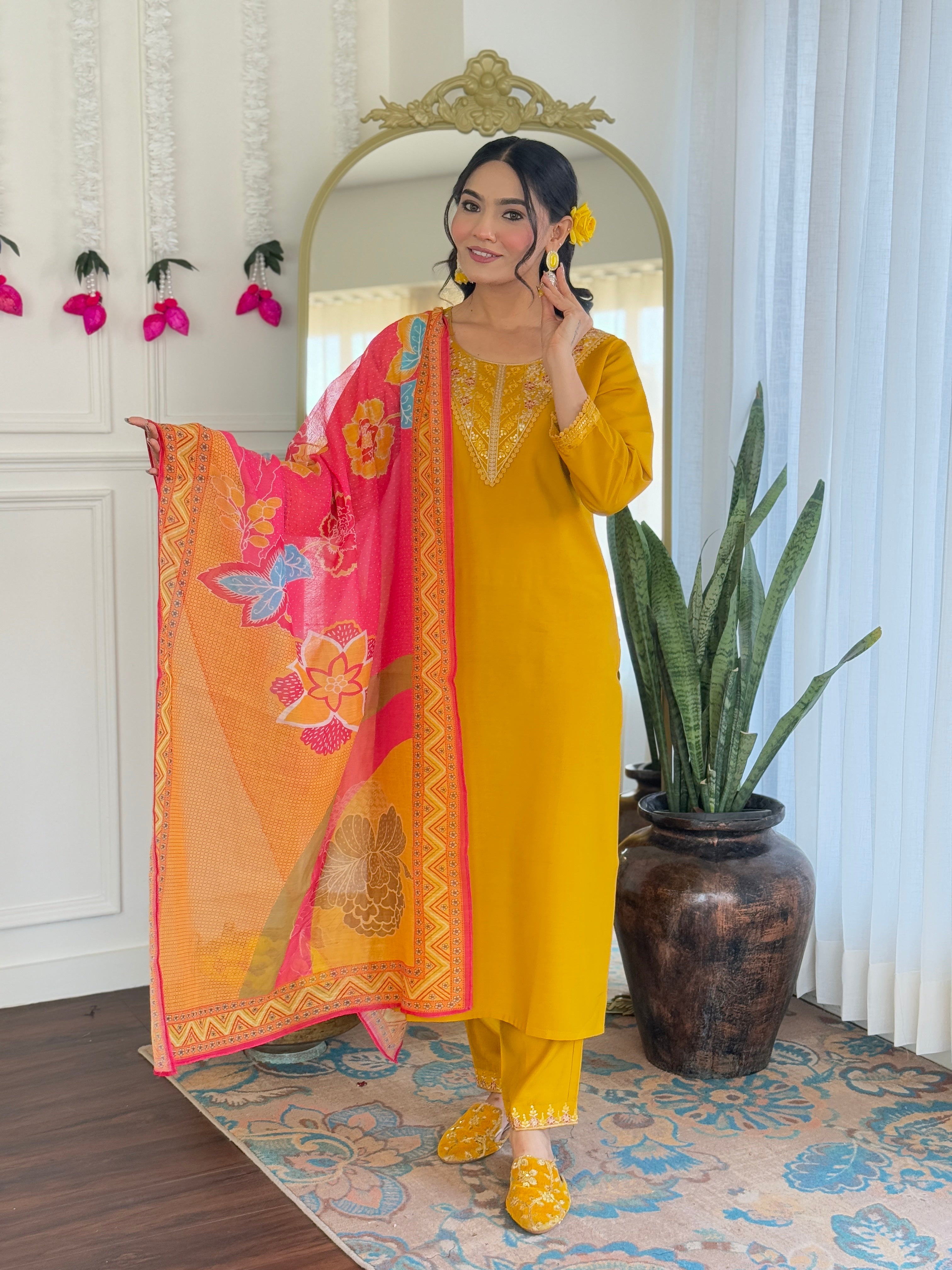 Elegant Mustard Chanderi Silk Embroidered Kurti Set with Pure Linen Dupatta | Festive & Ethnic Wear (S–XXL)
