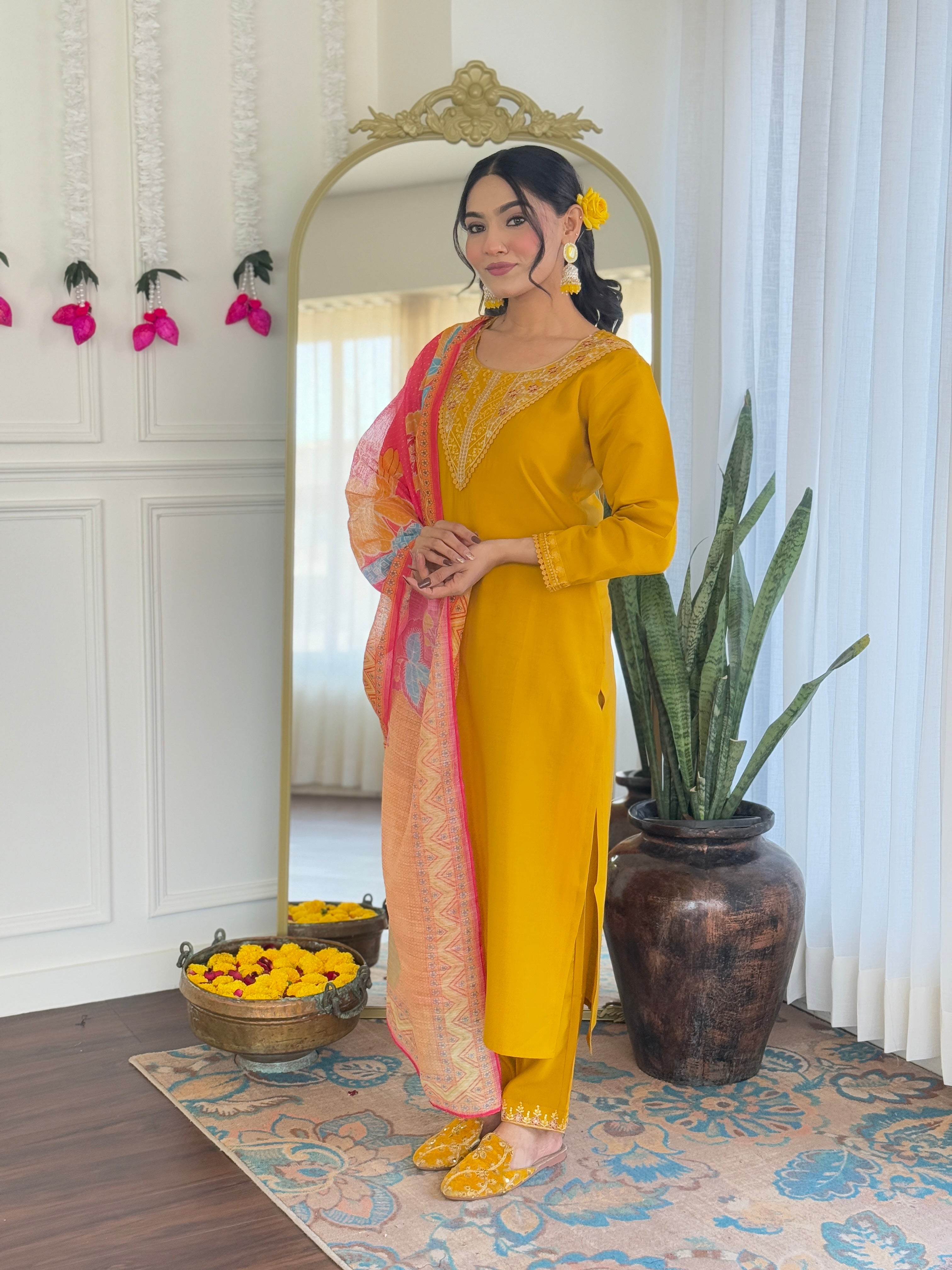 Elegant Mustard Chanderi Silk Embroidered Kurti Set with Pure Linen Dupatta | Festive & Ethnic Wear (S–XXL)