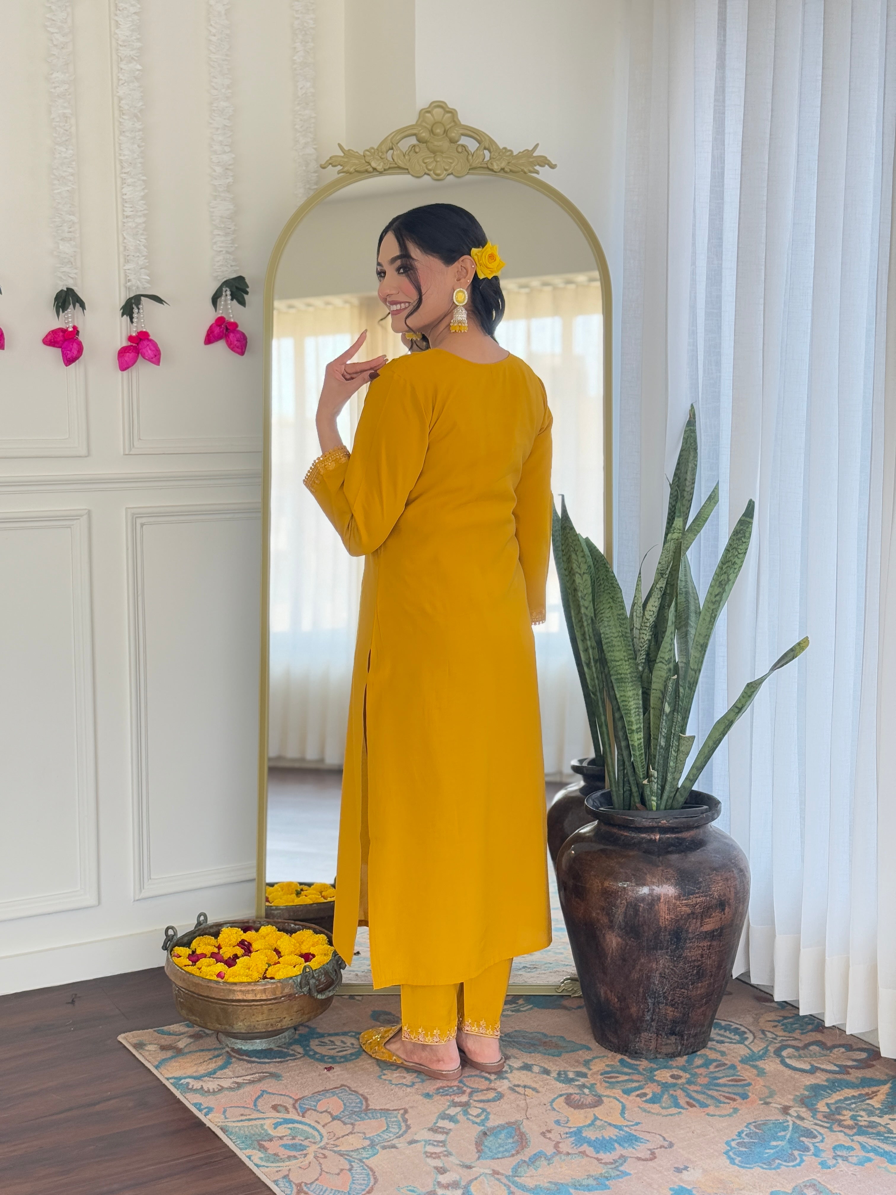Elegant Mustard Chanderi Silk Embroidered Kurti Set with Pure Linen Dupatta | Festive & Ethnic Wear (S–XXL)
