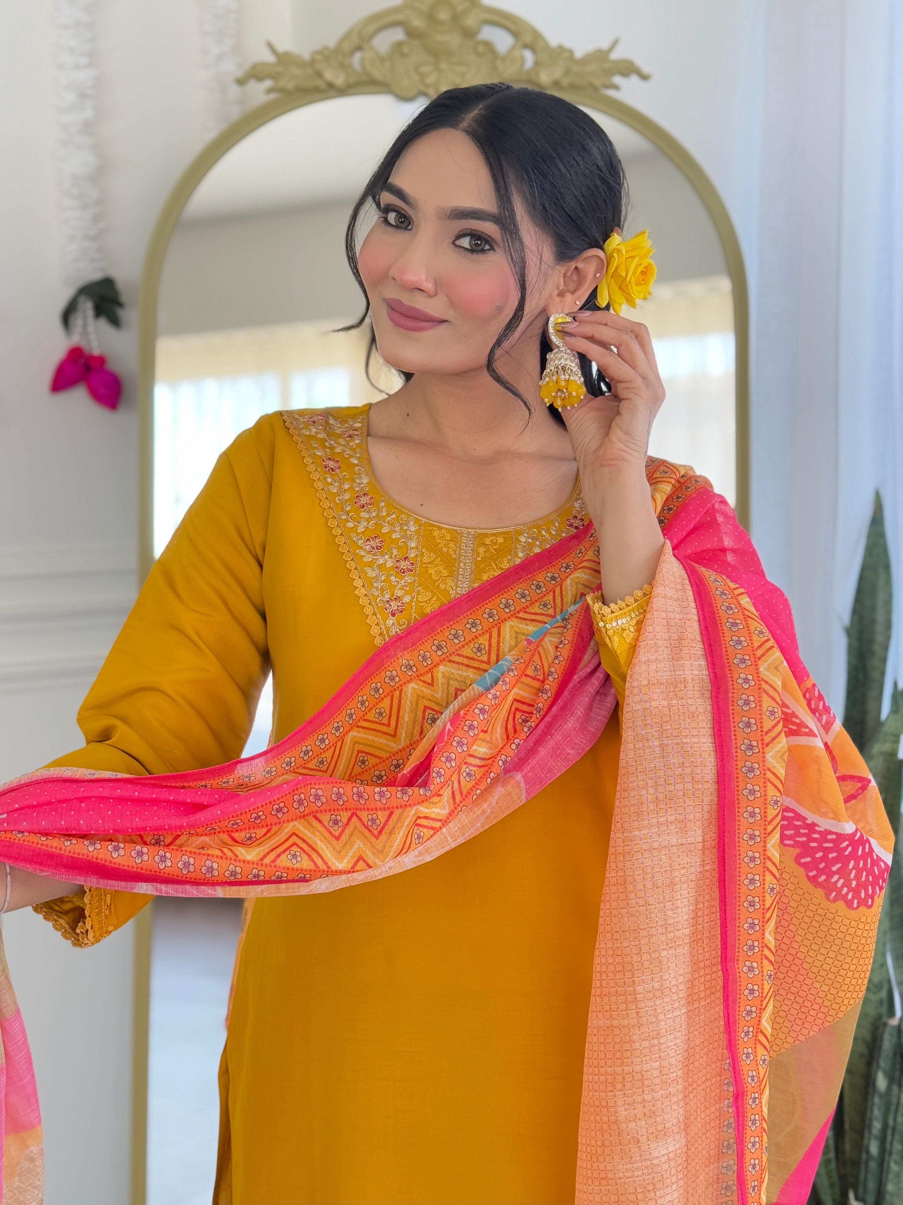Elegant Mustard Chanderi Silk Embroidered Kurti Set with Pure Linen Dupatta | Festive & Ethnic Wear (S–XXL)