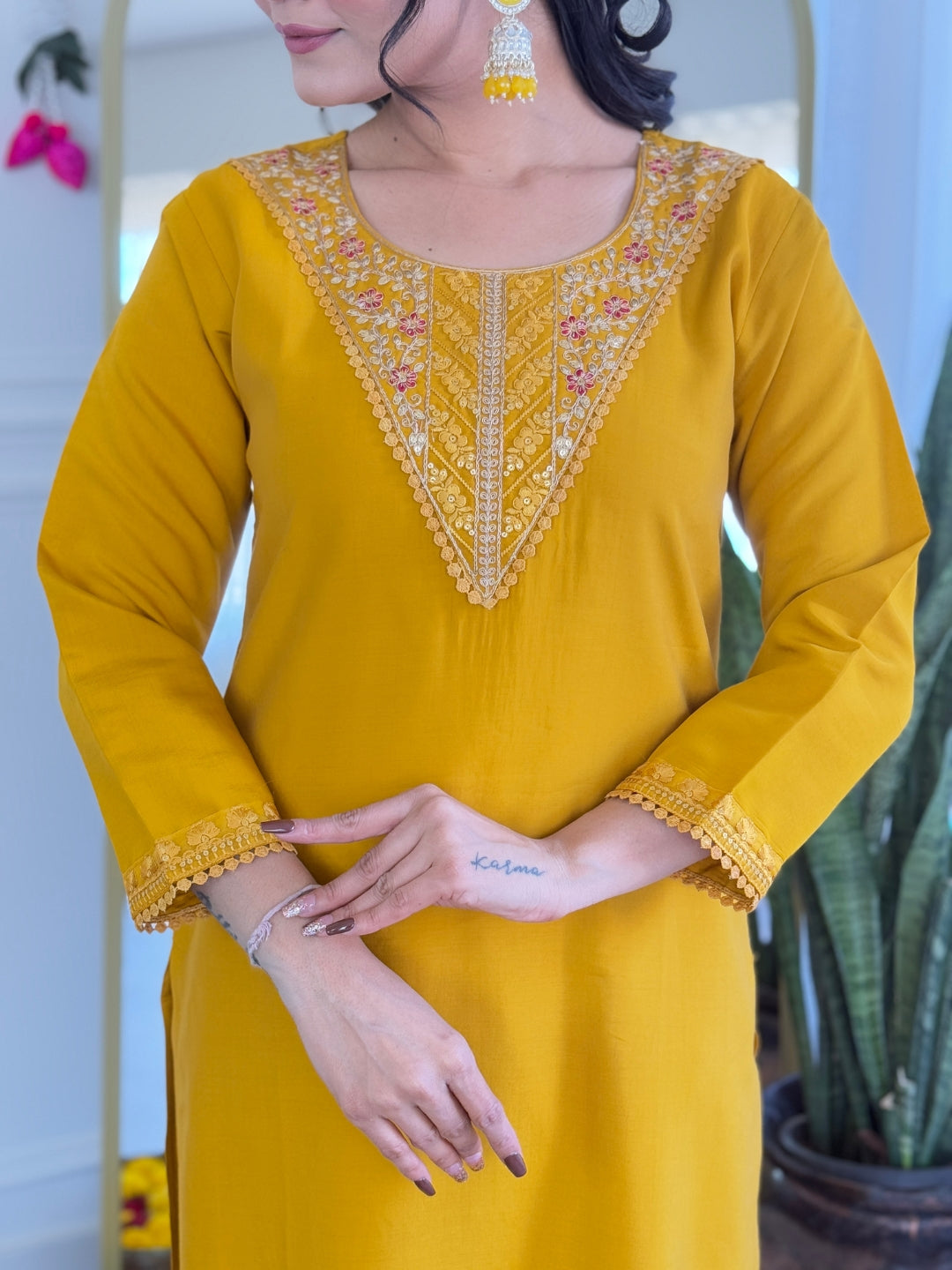 Elegant Mustard Chanderi Silk Embroidered Kurti Set with Pure Linen Dupatta | Festive & Ethnic Wear (S–XXL)