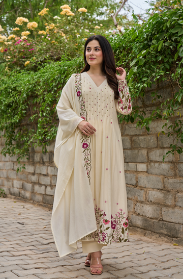 Elegant Cream Chanderi Silk Embroidered Kurti Set with Dupatta | Festive & Ethnic Wear for Women
