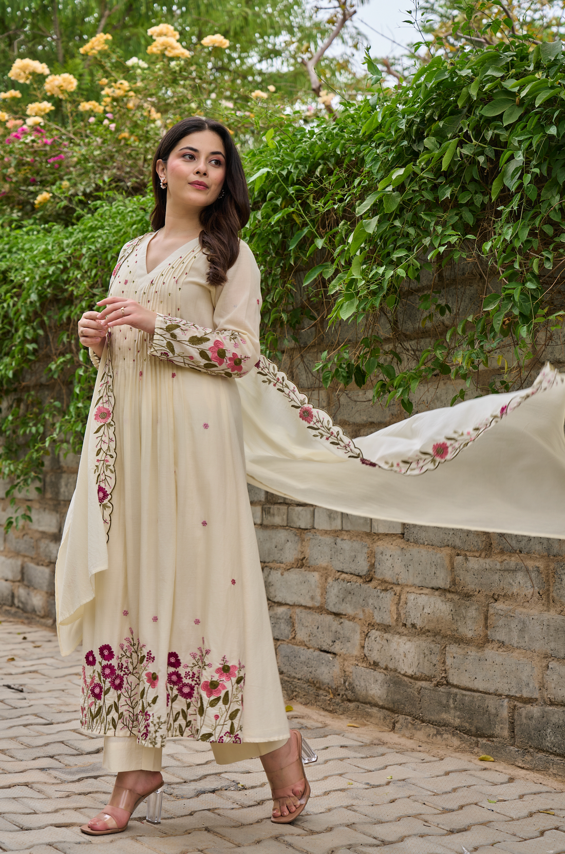 Elegant Cream Chanderi Silk Embroidered Kurti Set with Dupatta | Festive & Ethnic Wear for Women