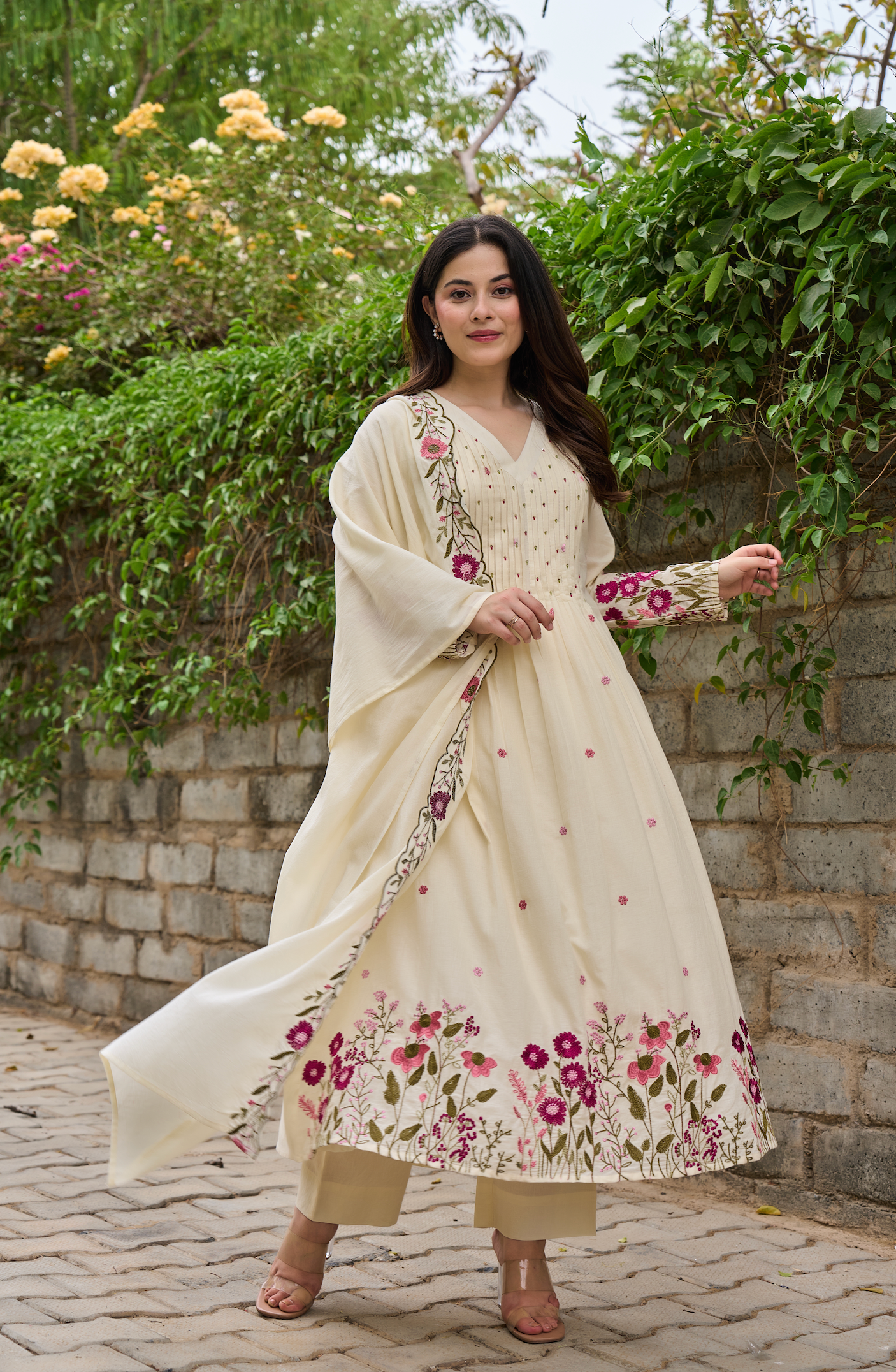 Elegant Cream Chanderi Silk Embroidered Kurti Set with Dupatta | Festive & Ethnic Wear for Women