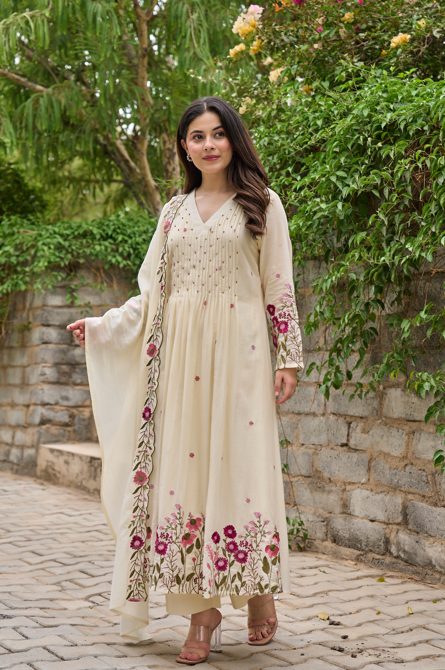 Elegant Cream Chanderi Silk Embroidered Kurti Set with Dupatta | Festive & Ethnic Wear for Women