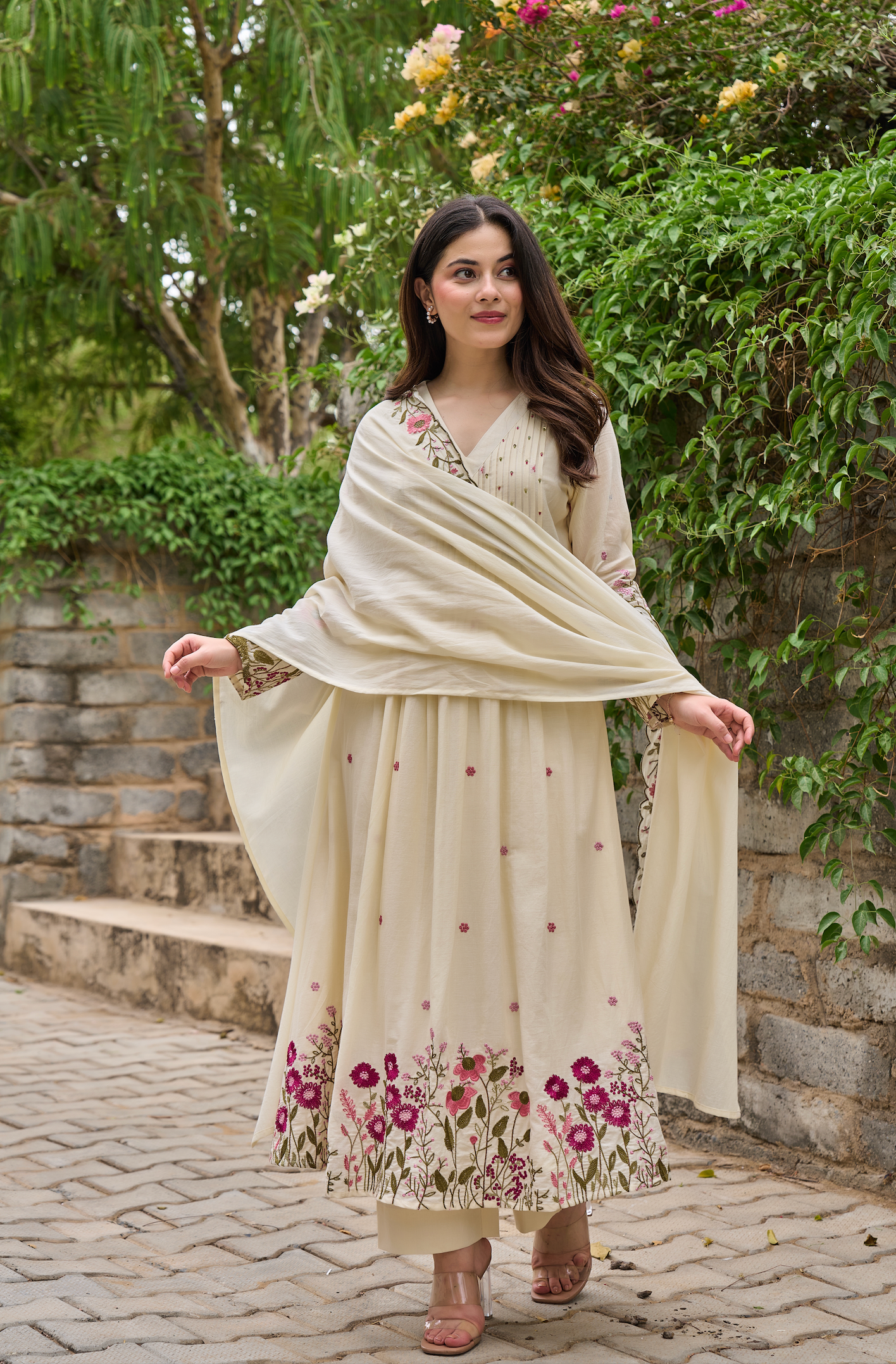 Elegant Cream Chanderi Silk Embroidered Kurti Set with Dupatta | Festive & Ethnic Wear for Women