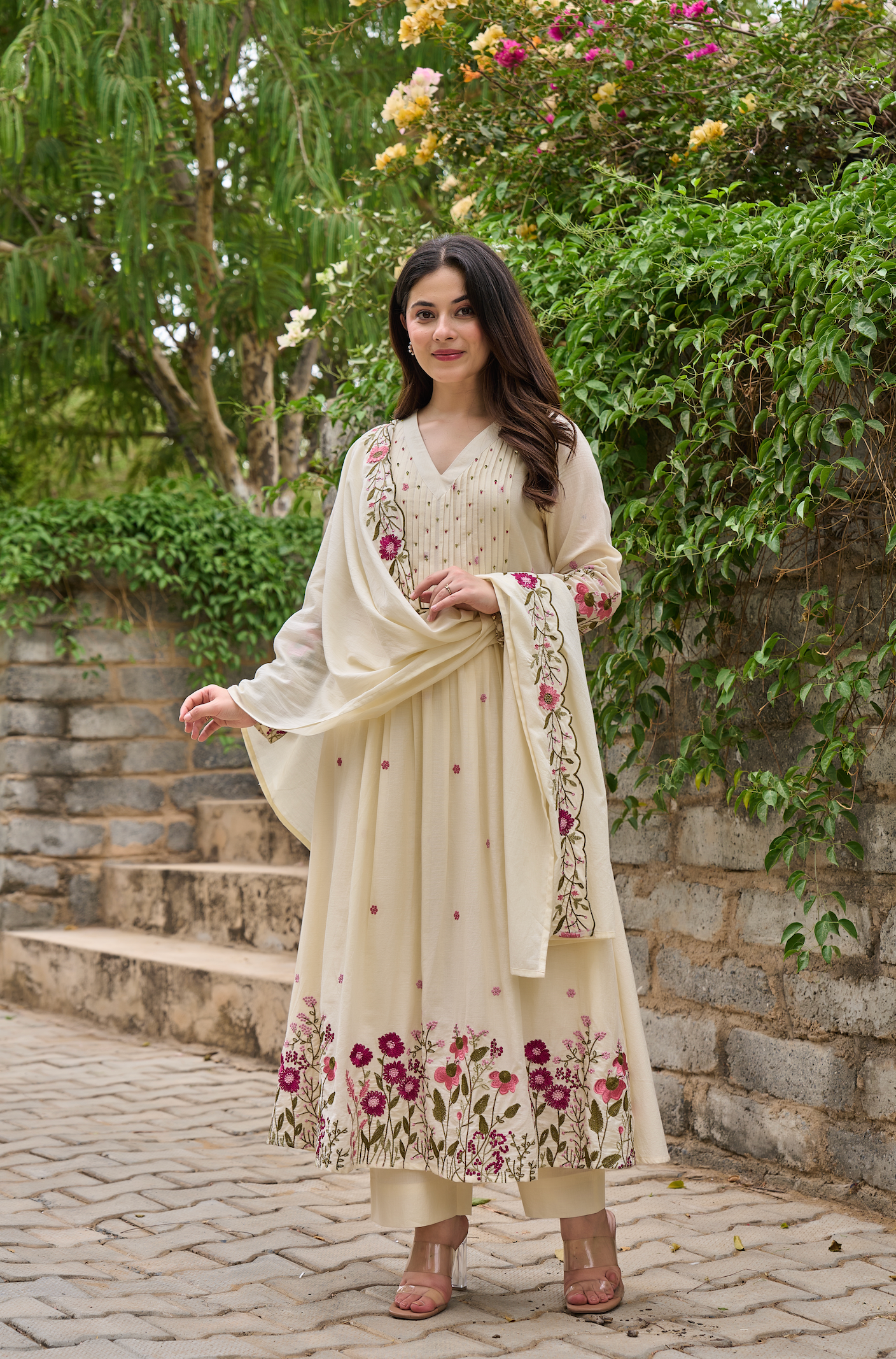 Elegant Cream Chanderi Silk Embroidered Kurti Set with Dupatta | Festive & Ethnic Wear for Women