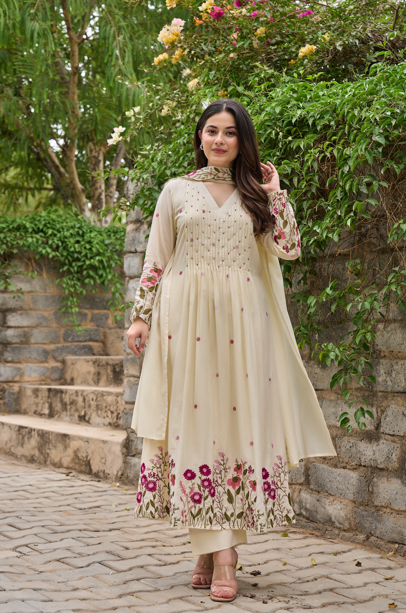Elegant Cream Chanderi Silk Embroidered Kurti Set with Dupatta | Festive & Ethnic Wear for Women