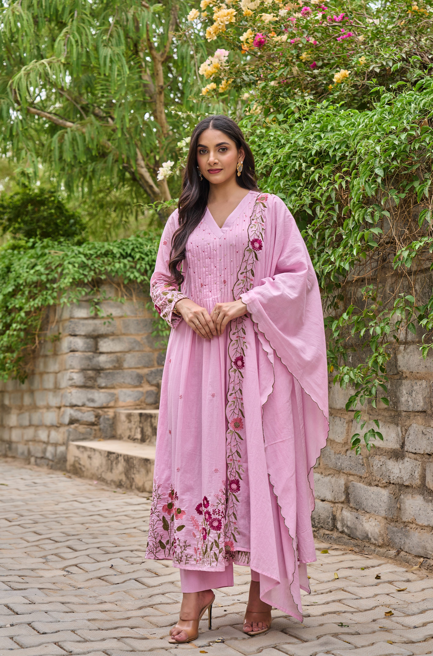 Elegant Pink Chanderi Silk Embroidered Kurti Set with Dupatta (3-Piece Set)