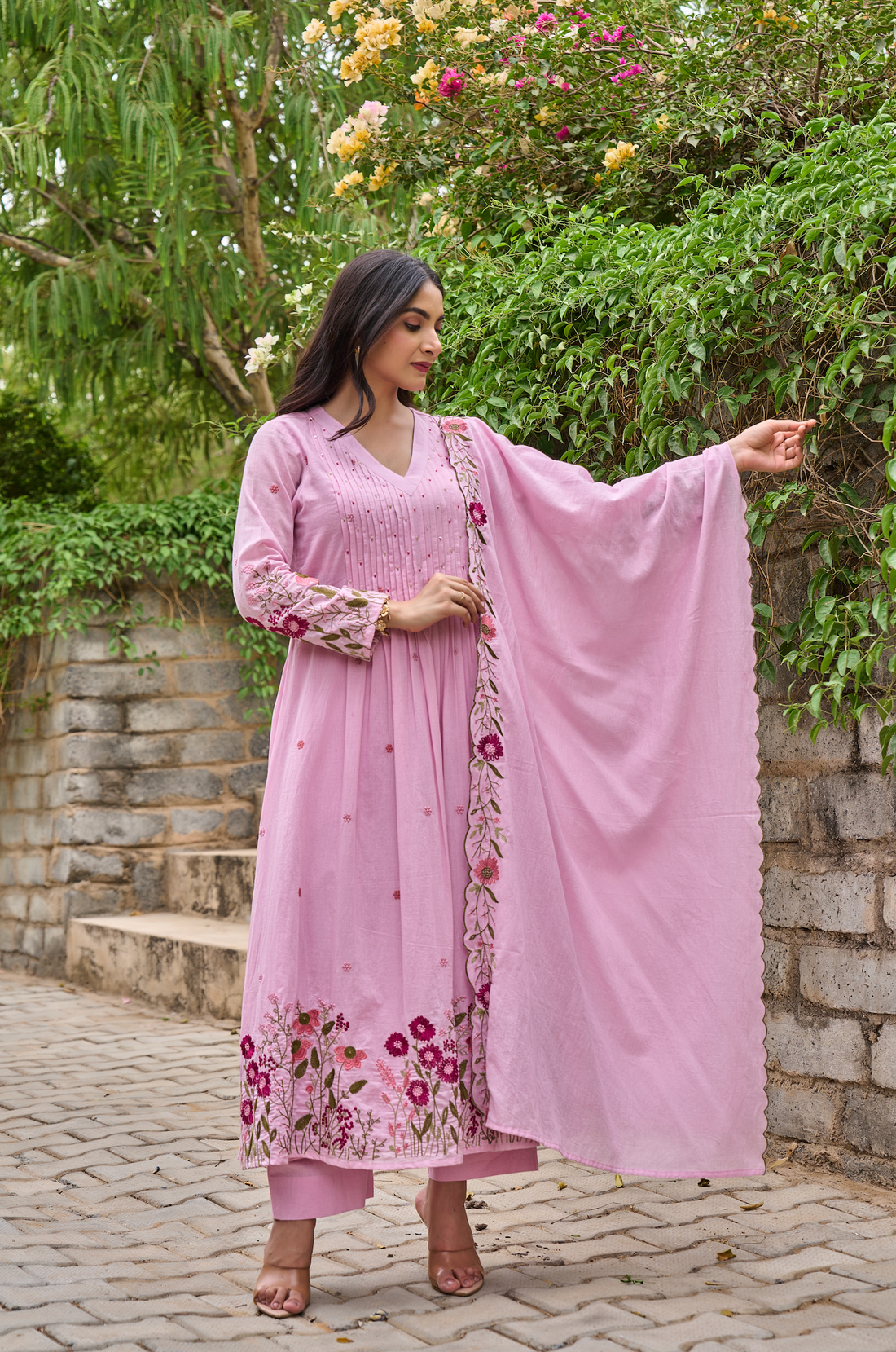 Elegant Pink Chanderi Silk Embroidered Kurti Set with Dupatta (3-Piece Set)