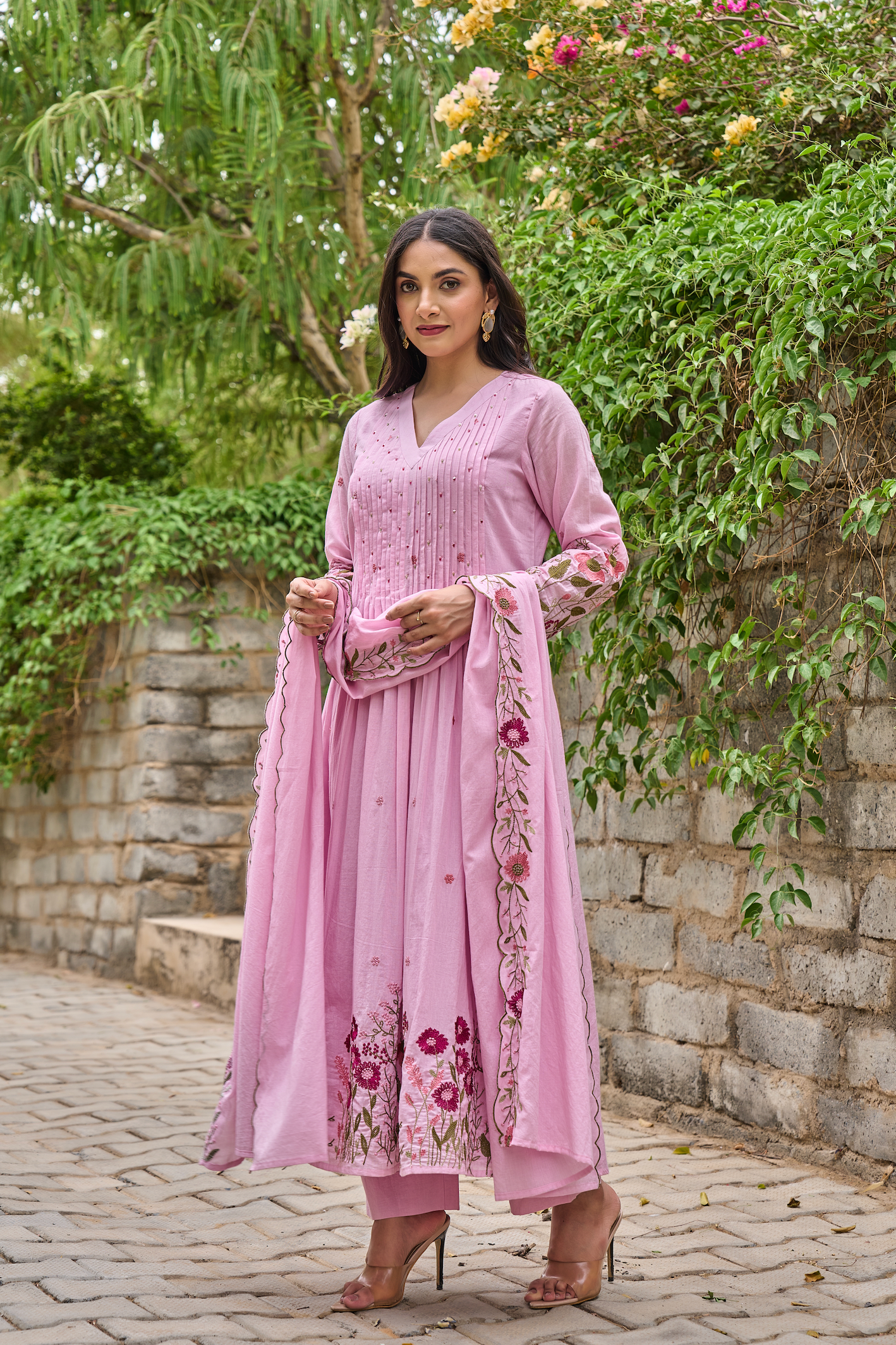 Elegant Pink Chanderi Silk Embroidered Kurti Set with Dupatta (3-Piece Set)