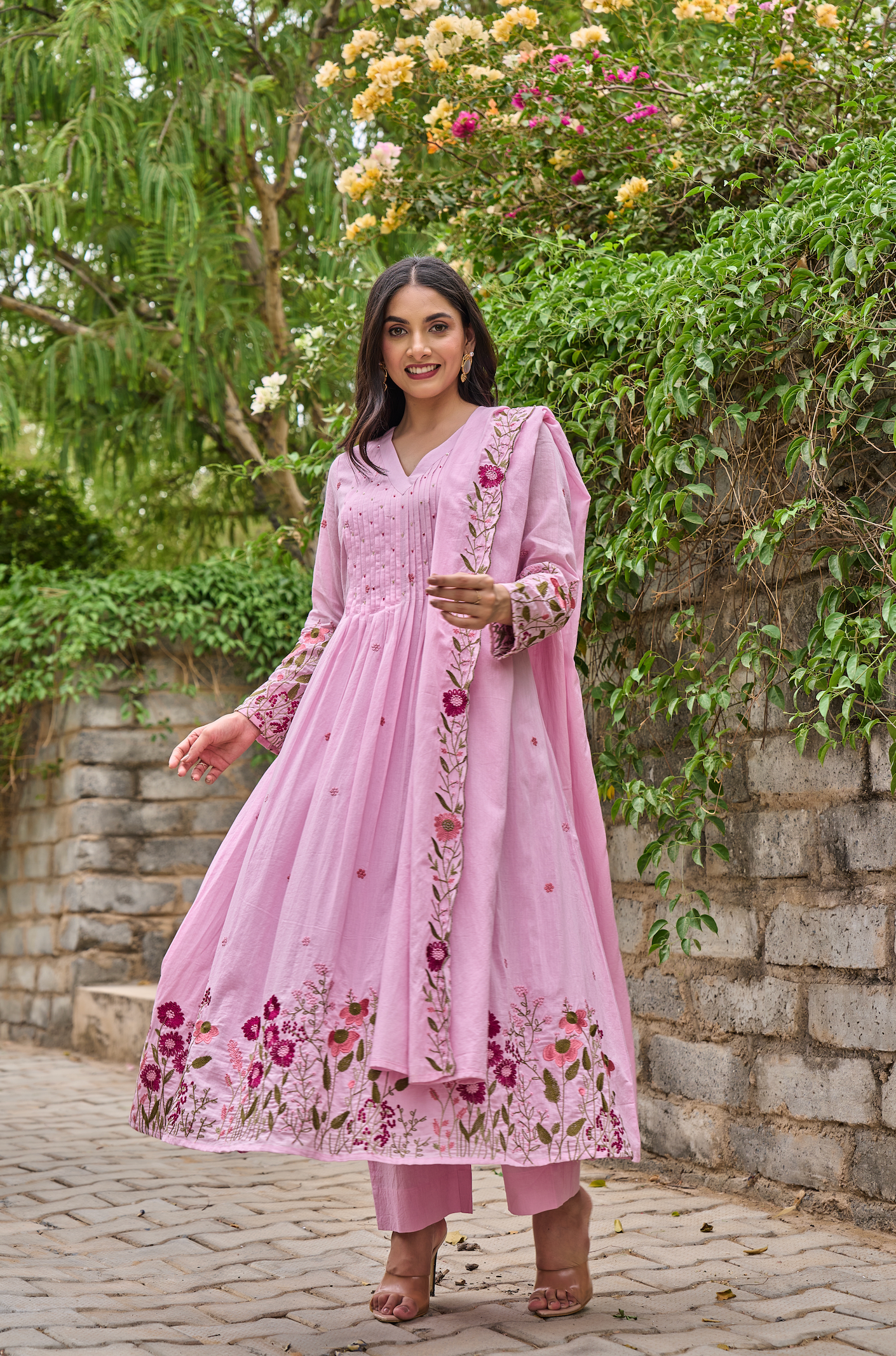 Elegant Pink Chanderi Silk Embroidered Kurti Set with Dupatta (3-Piece Set)