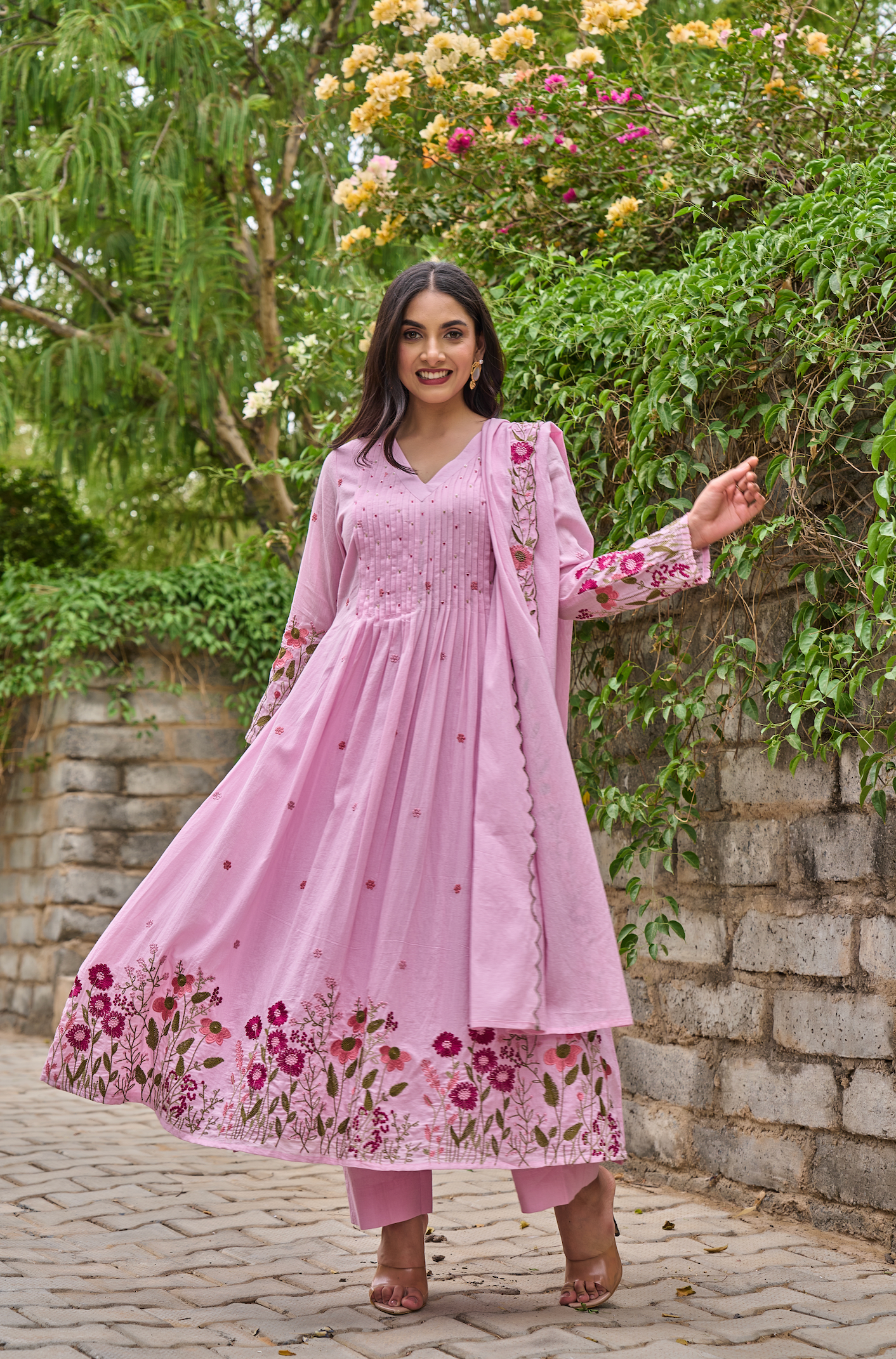 Elegant Pink Chanderi Silk Embroidered Kurti Set with Dupatta (3-Piece Set)