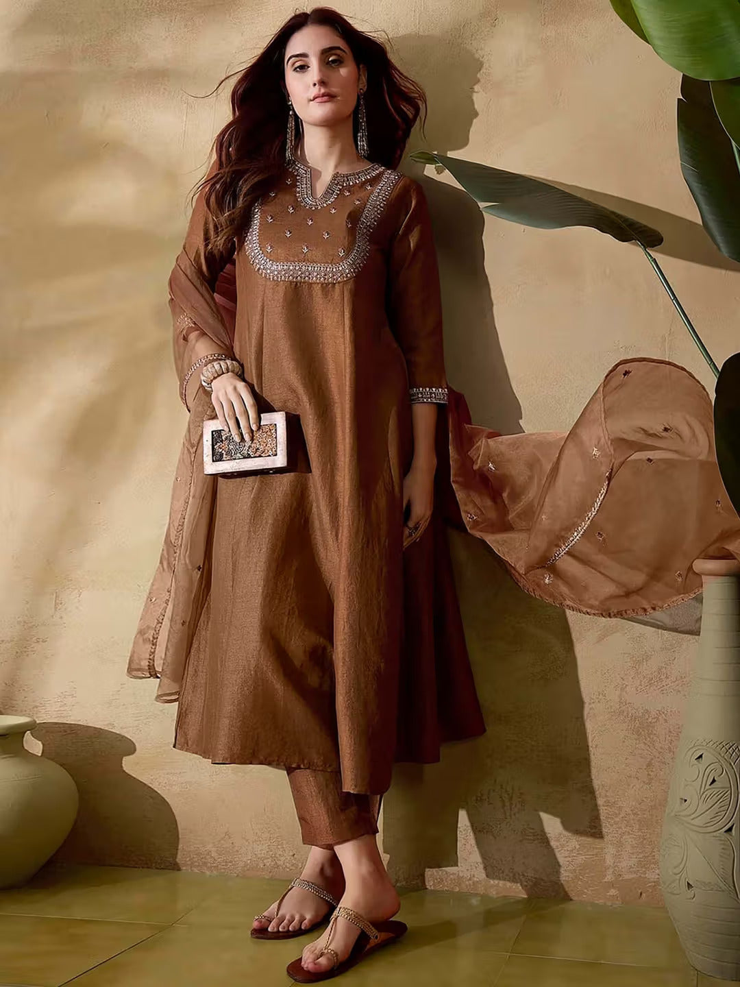 Elegant Brown Embroidered Vichitra Silk Kurti Set with Organza Dupatta | Festive & Party Wear (S–XXL)
