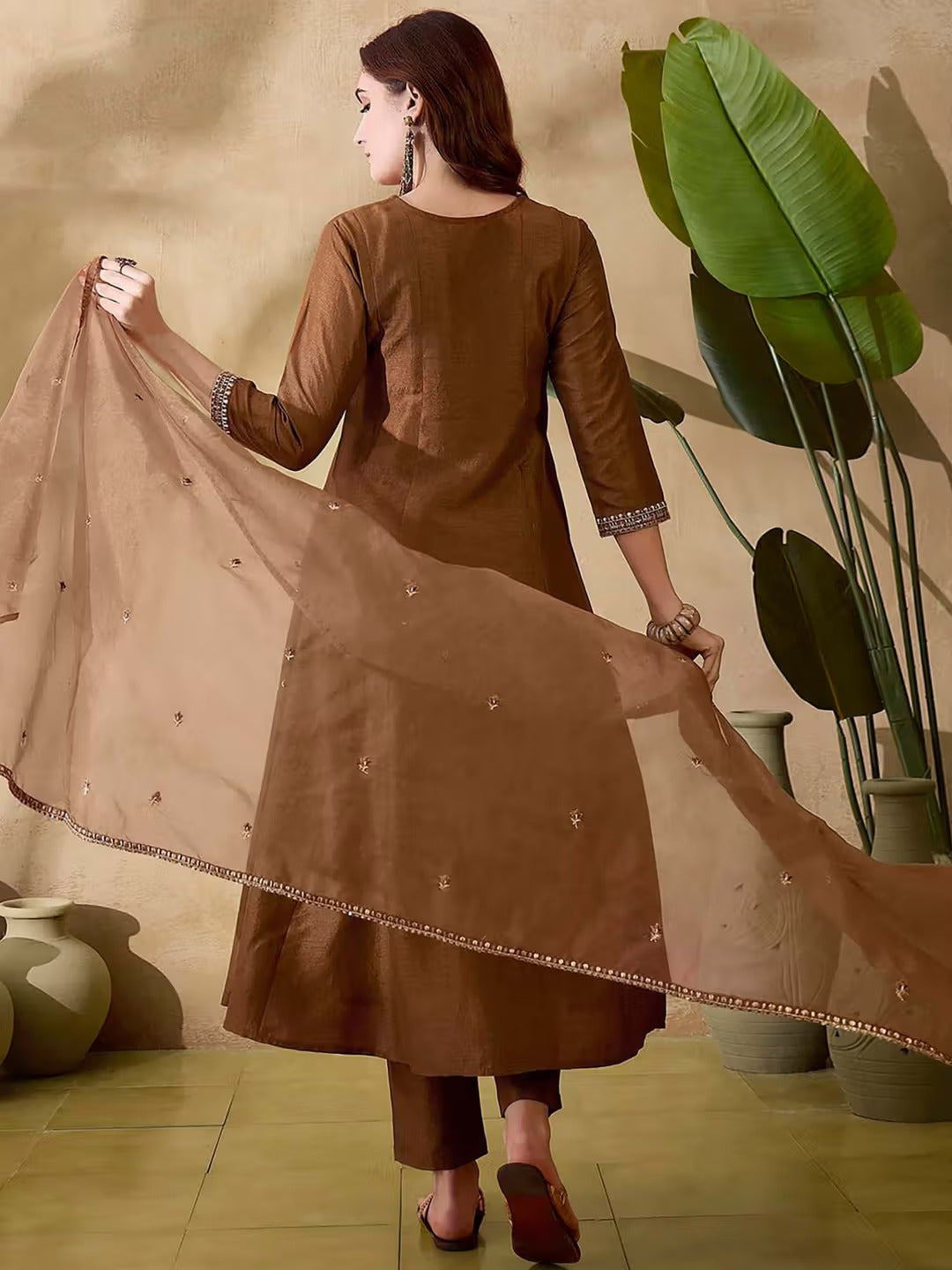 Elegant Brown Embroidered Vichitra Silk Kurti Set with Organza Dupatta | Festive & Party Wear (S–XXL)