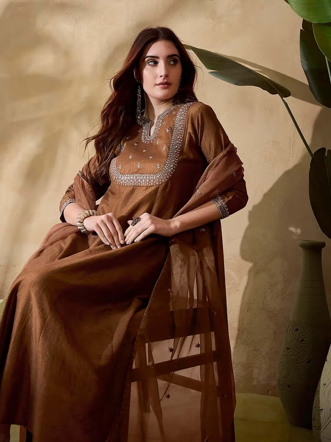 Elegant Brown Embroidered Vichitra Silk Kurti Set with Organza Dupatta | Festive & Party Wear (S–XXL)