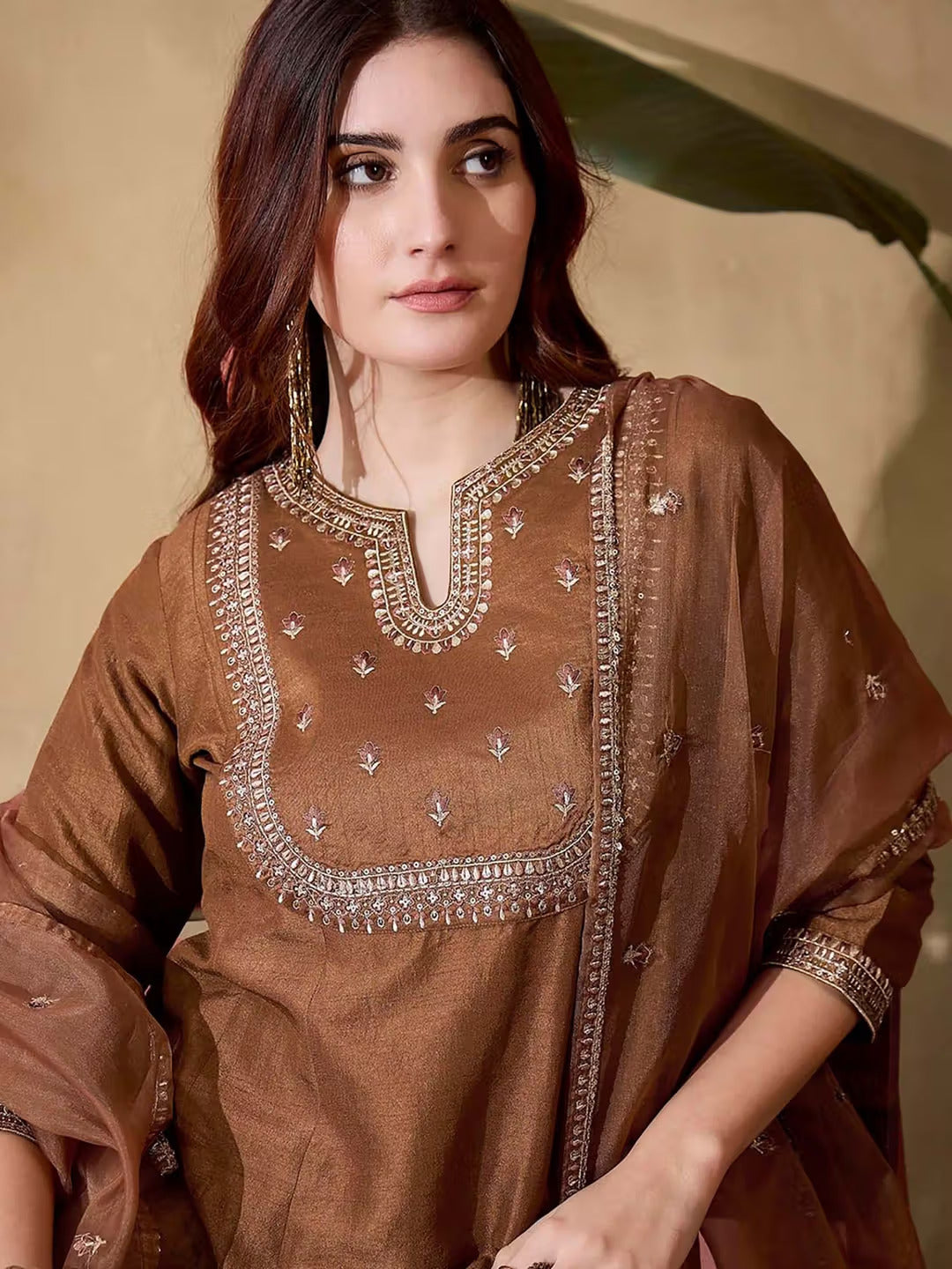 Elegant Brown Embroidered Vichitra Silk Kurti Set with Organza Dupatta | Festive & Party Wear (S–XXL)