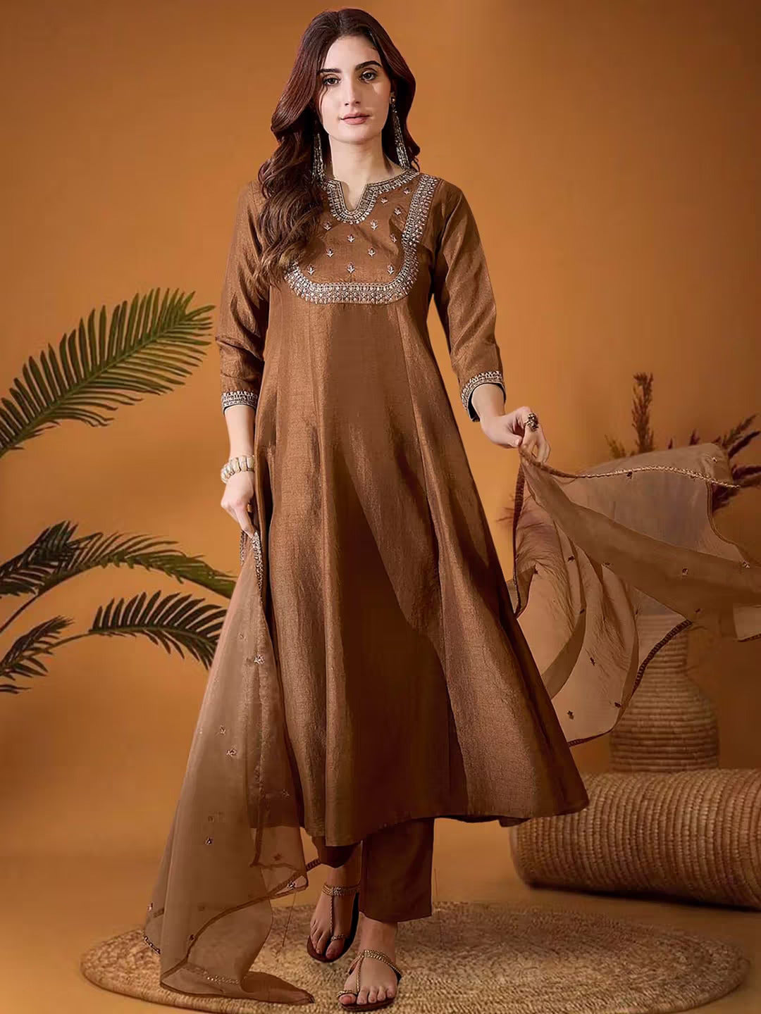 Elegant Brown Embroidered Vichitra Silk Kurti Set with Organza Dupatta | Festive & Party Wear (S–XXL)