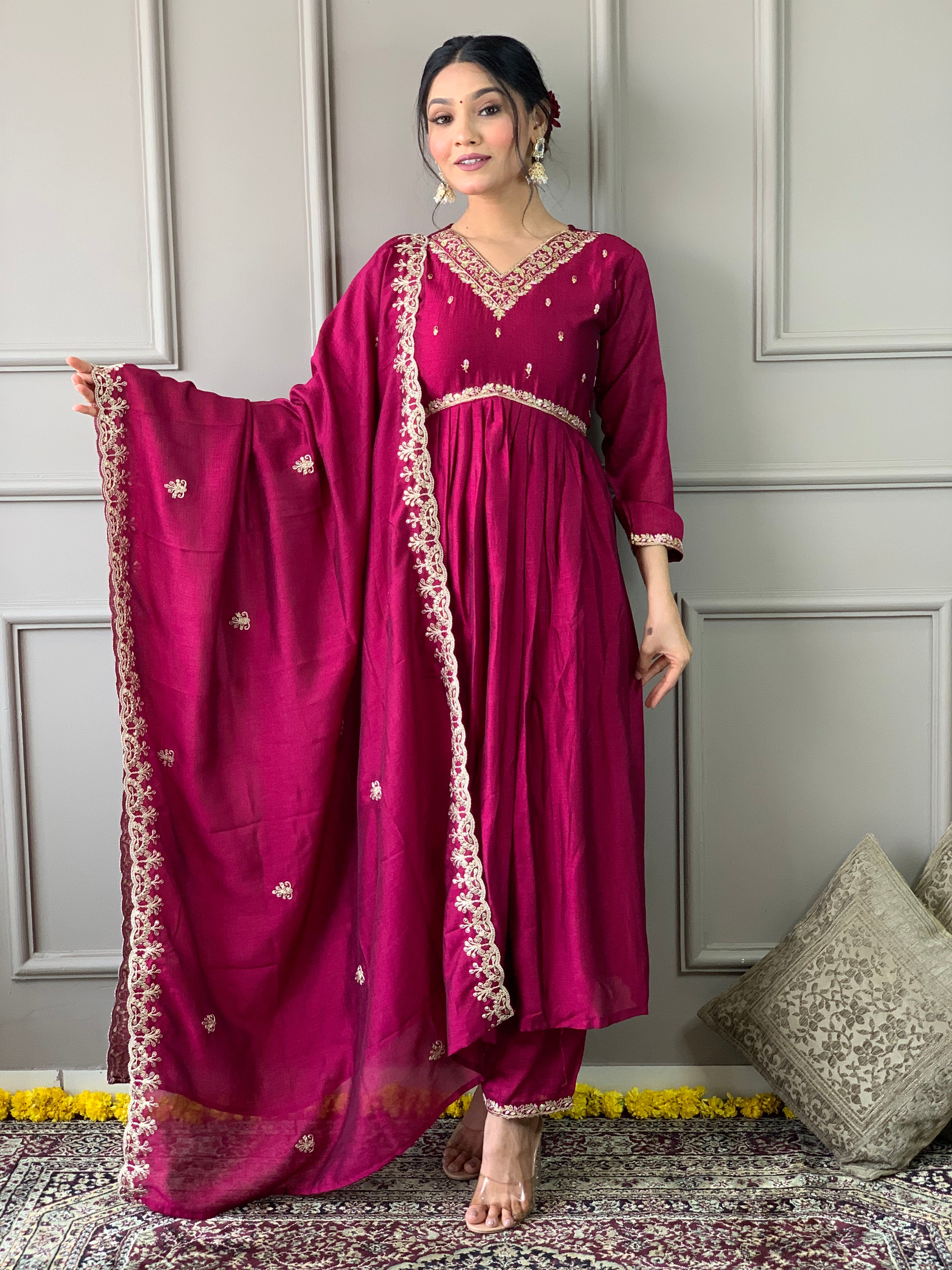 Elegant Wine CP Vichitra Embroidered Kurti Set with Dupatta | Festive Wear Collection