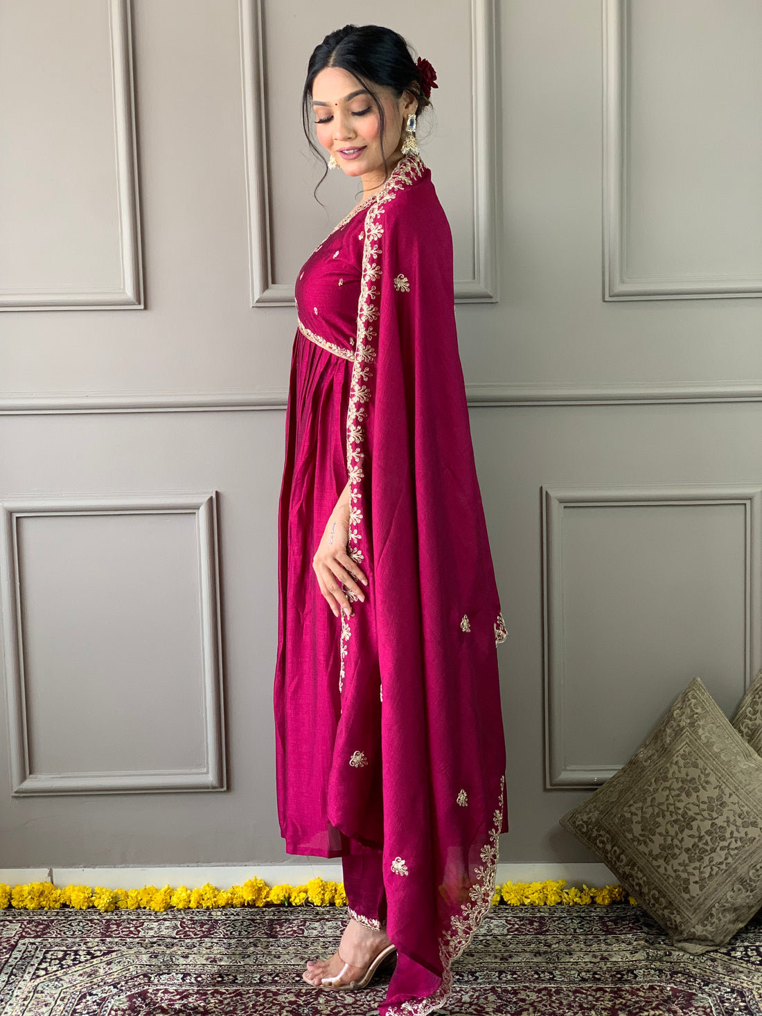 Elegant Wine CP Vichitra Embroidered Kurti Set with Dupatta | Festive Wear Collection