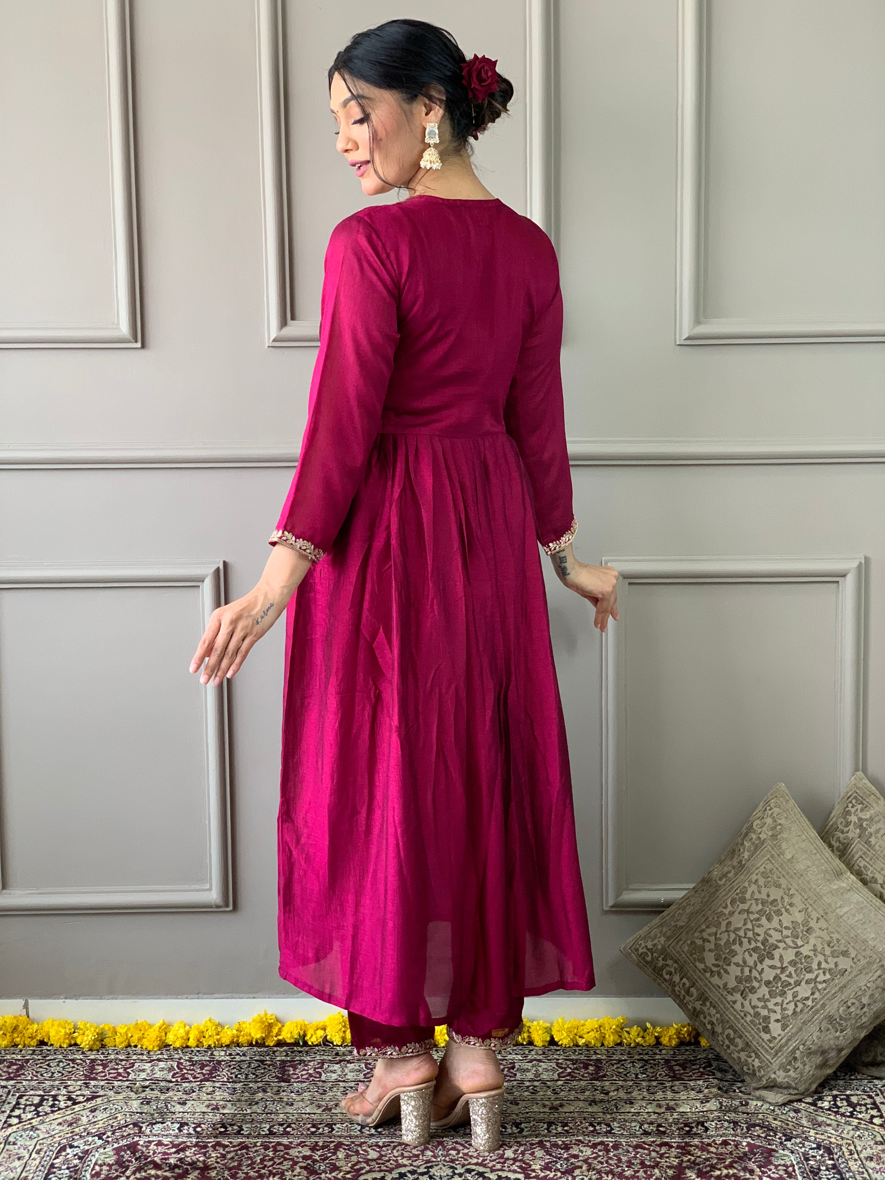 Elegant Wine CP Vichitra Embroidered Kurti Set with Dupatta | Festive Wear Collection