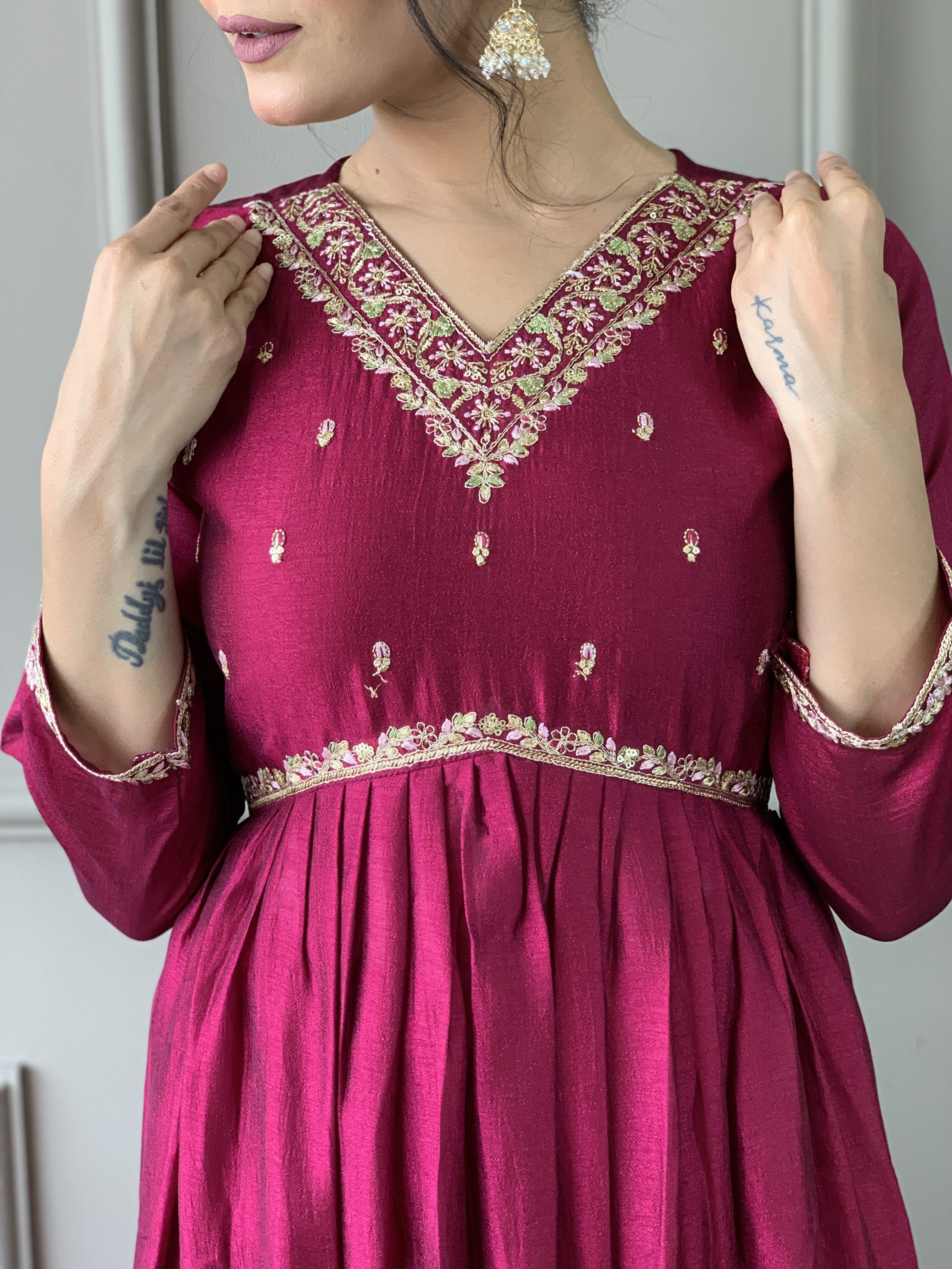 Elegant Wine CP Vichitra Embroidered Kurti Set with Dupatta | Festive Wear Collection