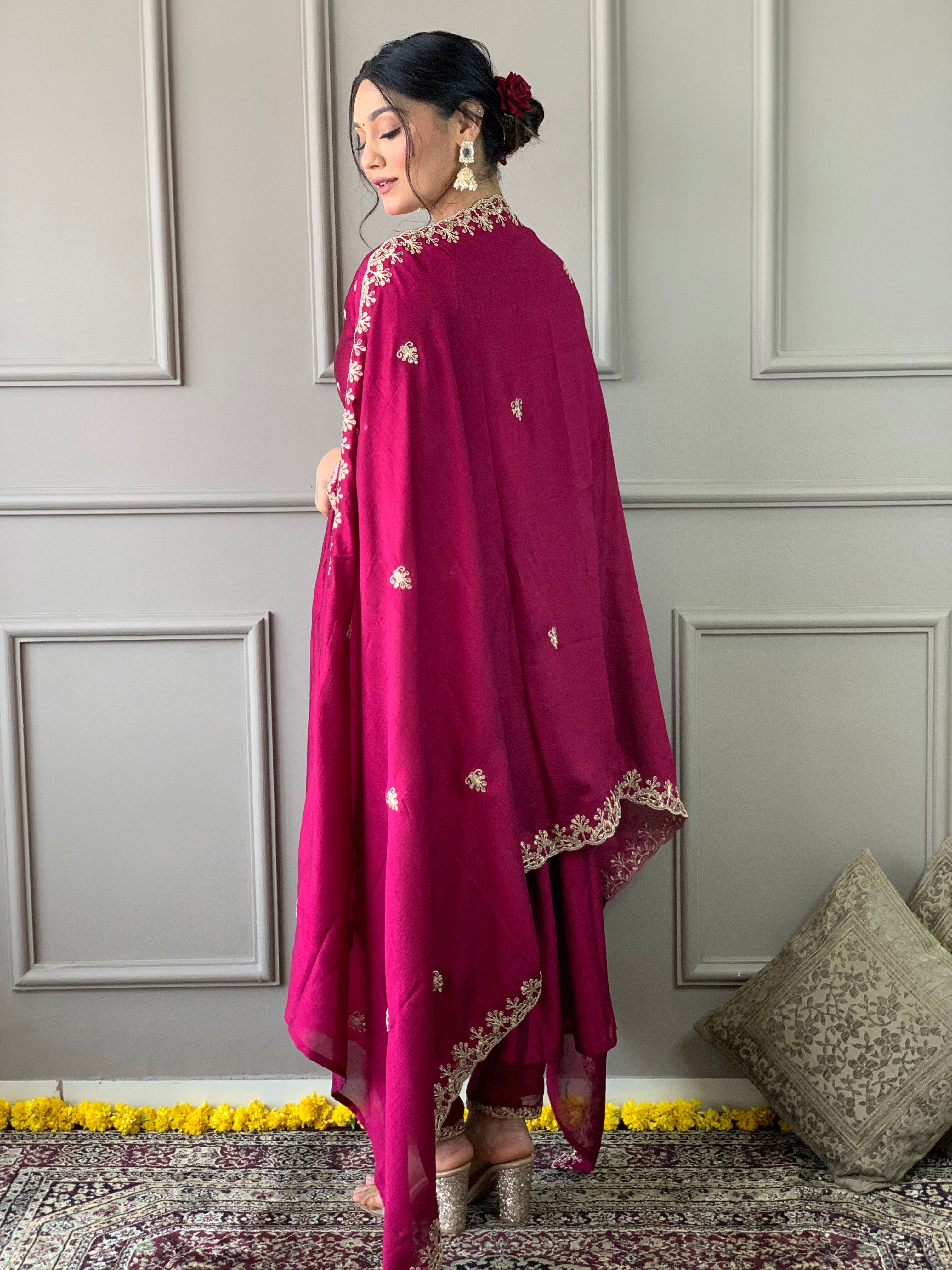 Elegant Wine CP Vichitra Embroidered Kurti Set with Dupatta | Festive Wear Collection