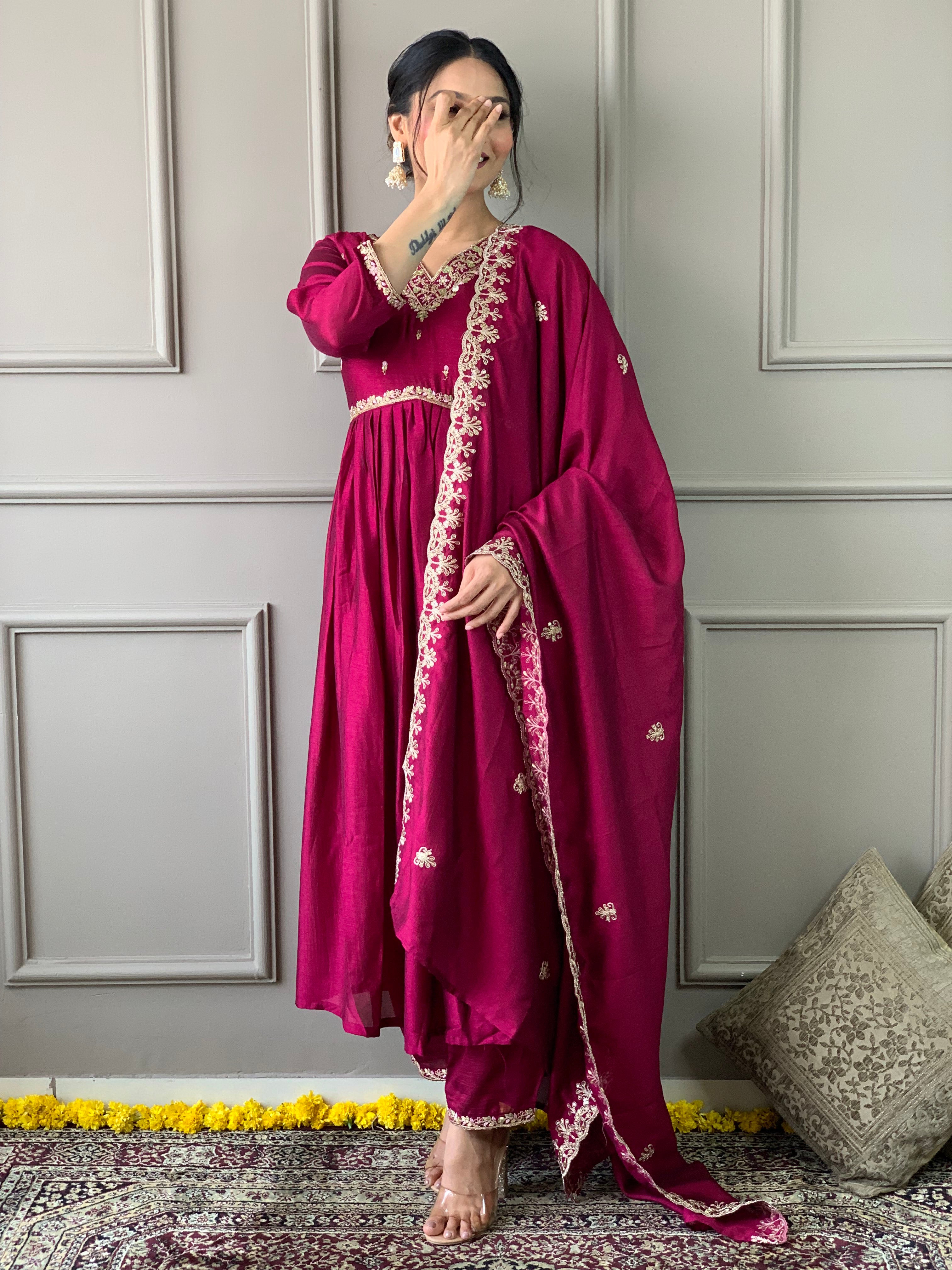 Elegant Wine CP Vichitra Embroidered Kurti Set with Dupatta | Festive Wear Collection