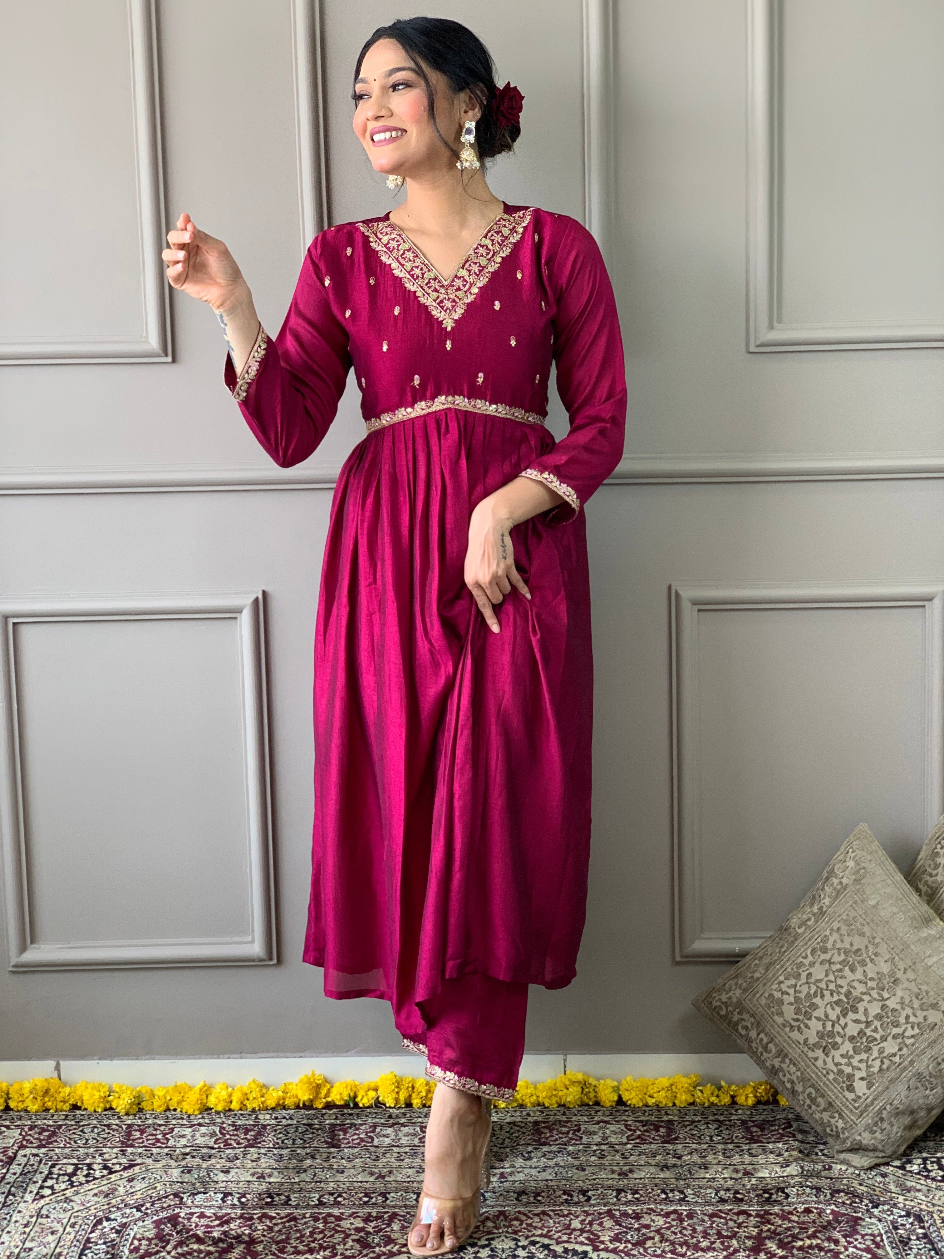 Elegant Wine CP Vichitra Embroidered Kurti Set with Dupatta | Festive Wear Collection