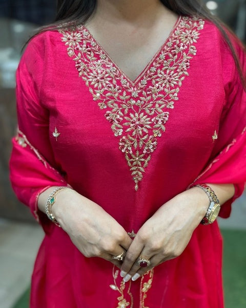 Elegant Rani Pink Viscose Chanderi Embroidered Kurti Set with Organza Dupatta | Festive & Party Wear