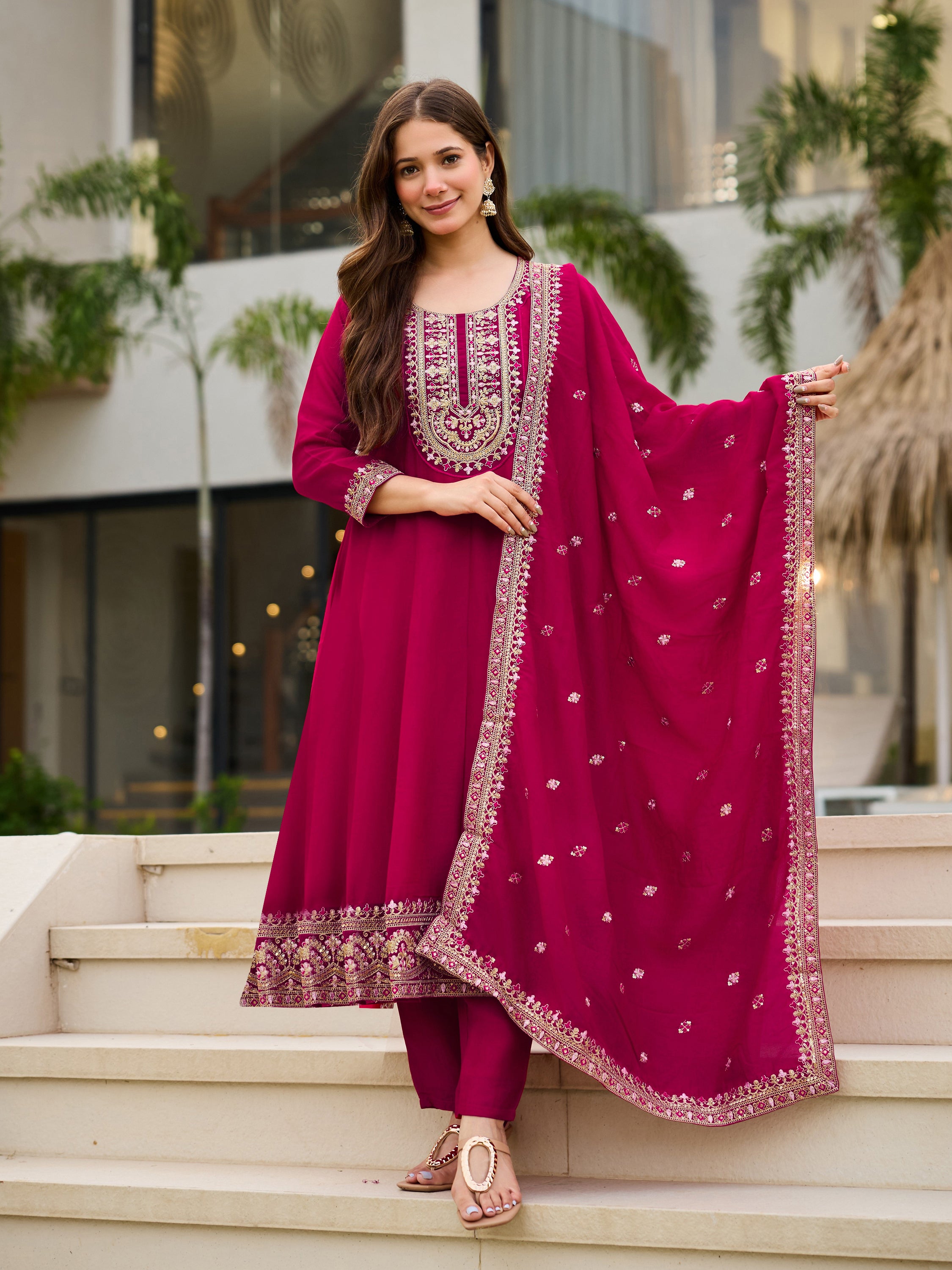Elegant Wine CP Vichitra Embroidered Kurti Pant Set with Dupatta | Festive & Party Wear Collection