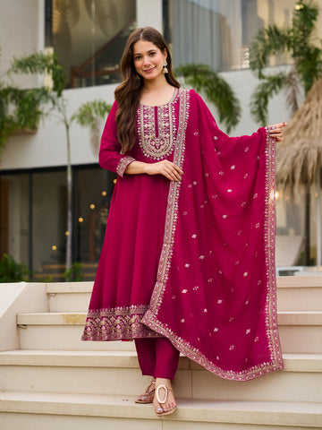 Elegant Wine CP Vichitra Embroidered Kurti Pant Set with Dupatta | Festive & Party Wear Collection