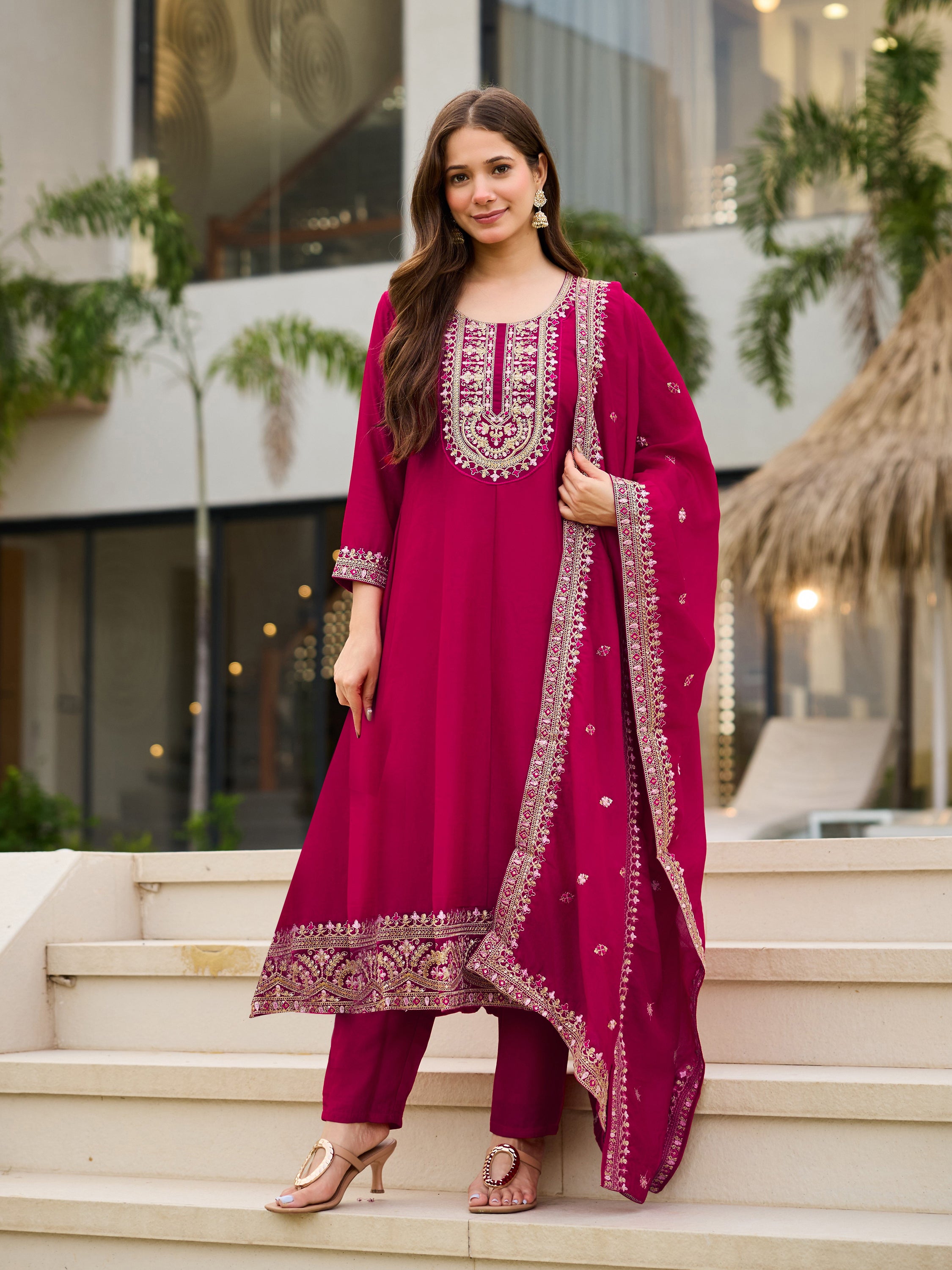 Elegant Wine CP Vichitra Embroidered Kurti Pant Set with Dupatta | Festive & Party Wear Collection