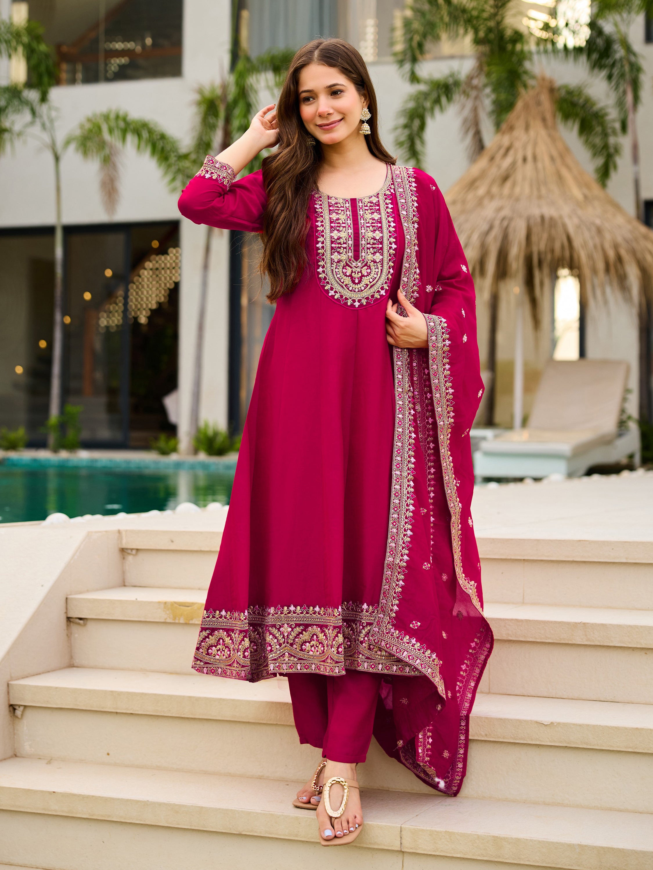 Elegant Wine CP Vichitra Embroidered Kurti Pant Set with Dupatta | Festive & Party Wear Collection