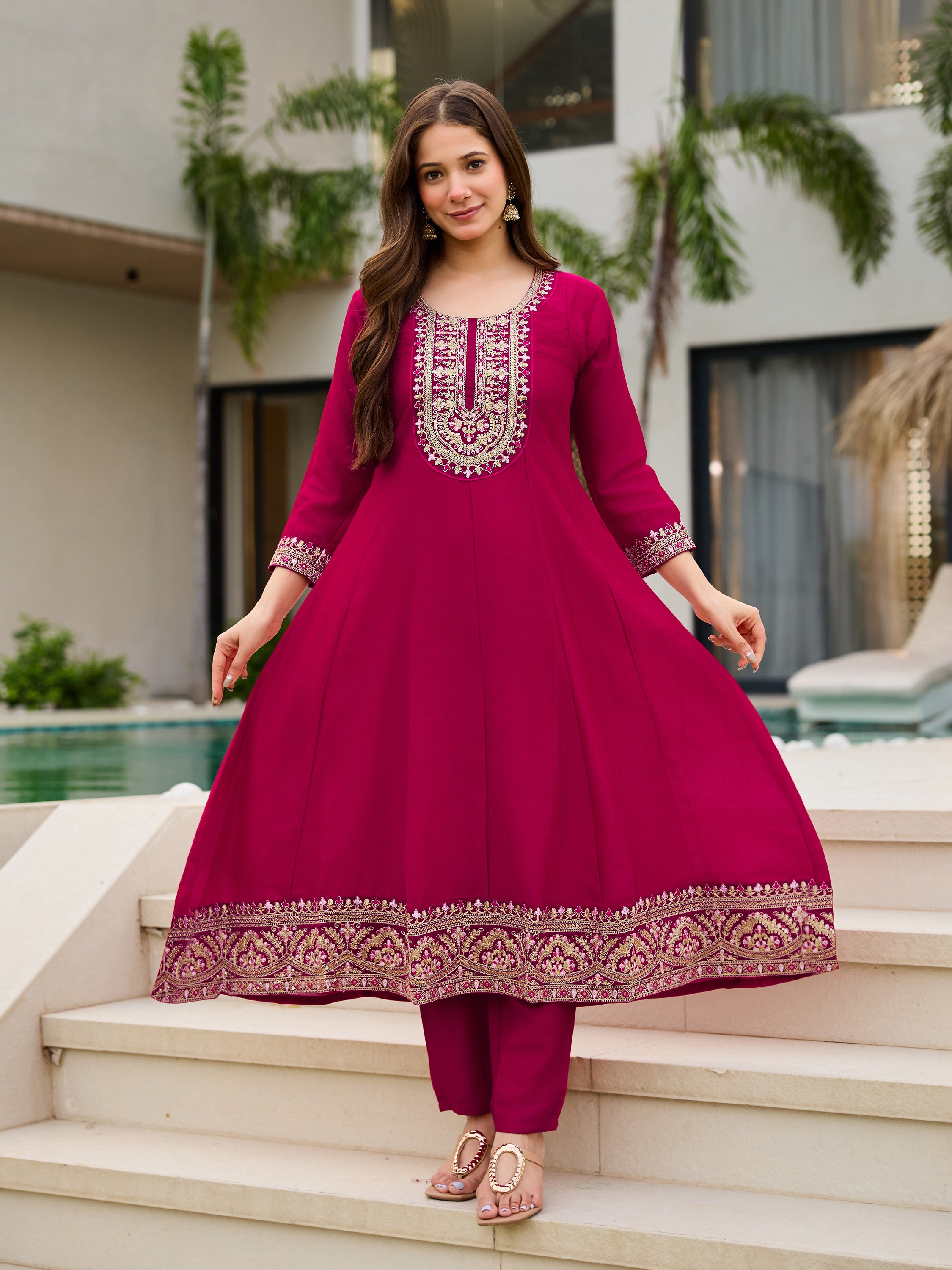 Elegant Wine CP Vichitra Embroidered Kurti Pant Set with Dupatta | Festive & Party Wear Collection