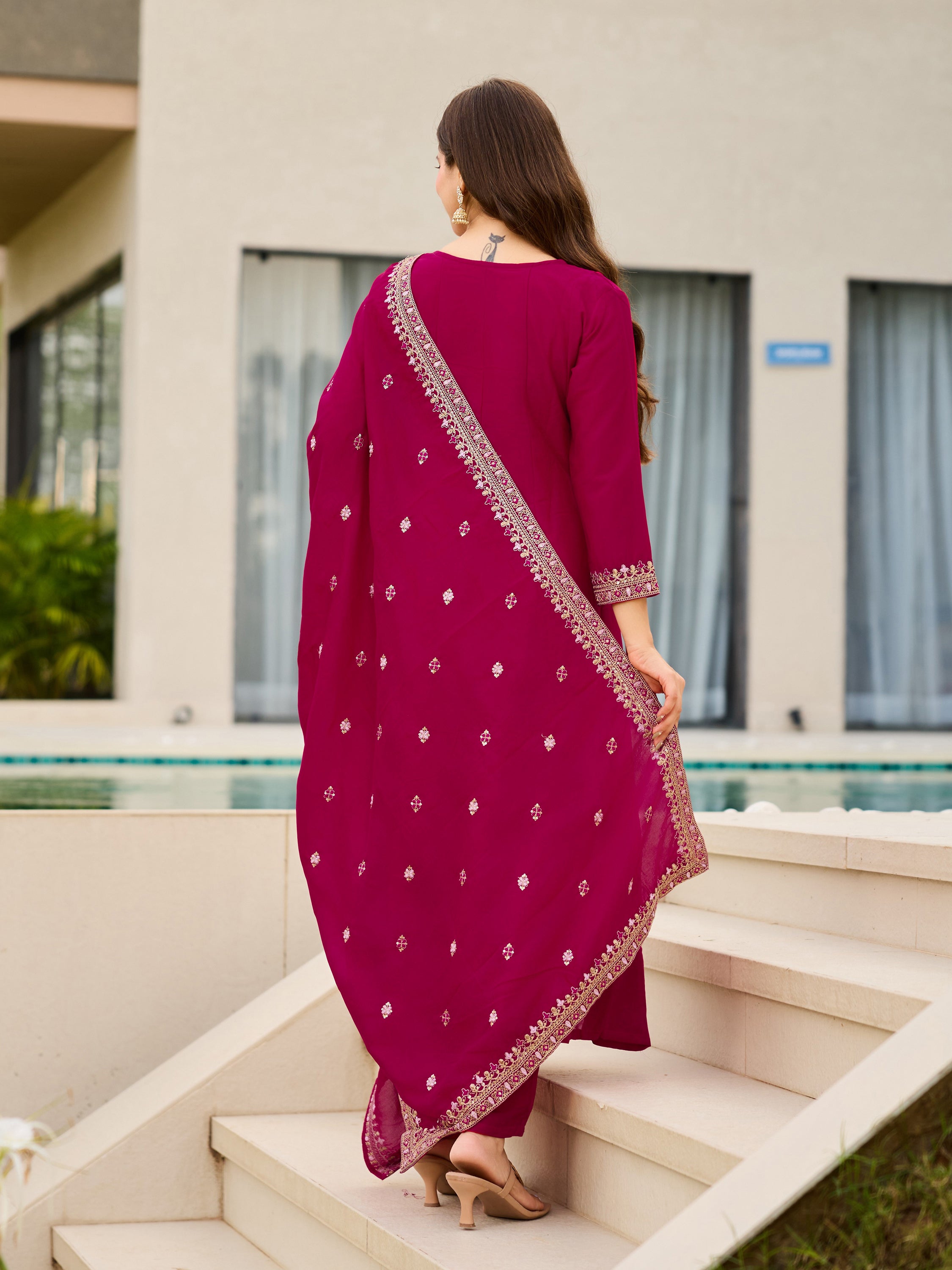 Elegant Wine CP Vichitra Embroidered Kurti Pant Set with Dupatta | Festive & Party Wear Collection