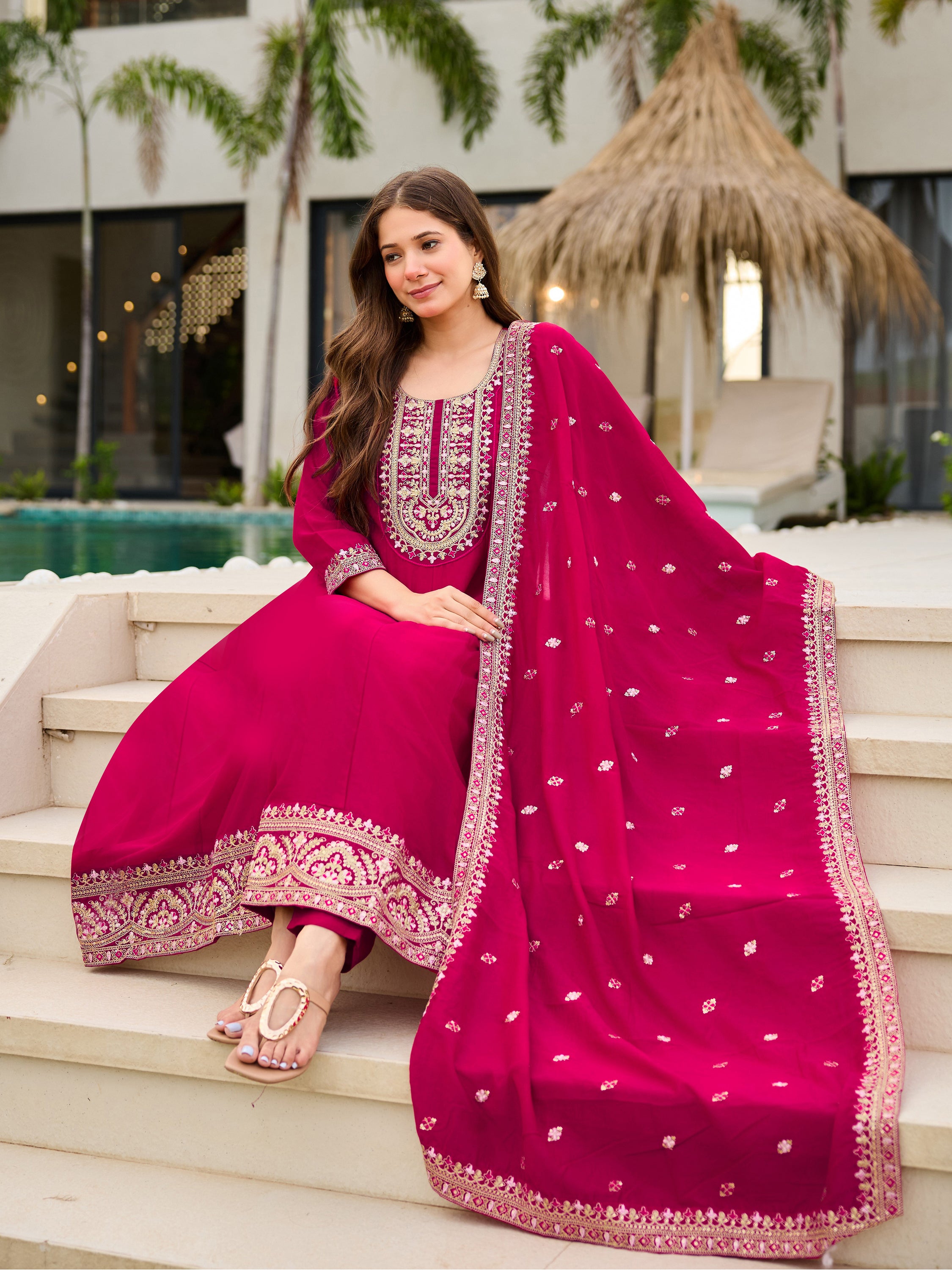 Elegant Wine CP Vichitra Embroidered Kurti Pant Set with Dupatta | Festive & Party Wear Collection