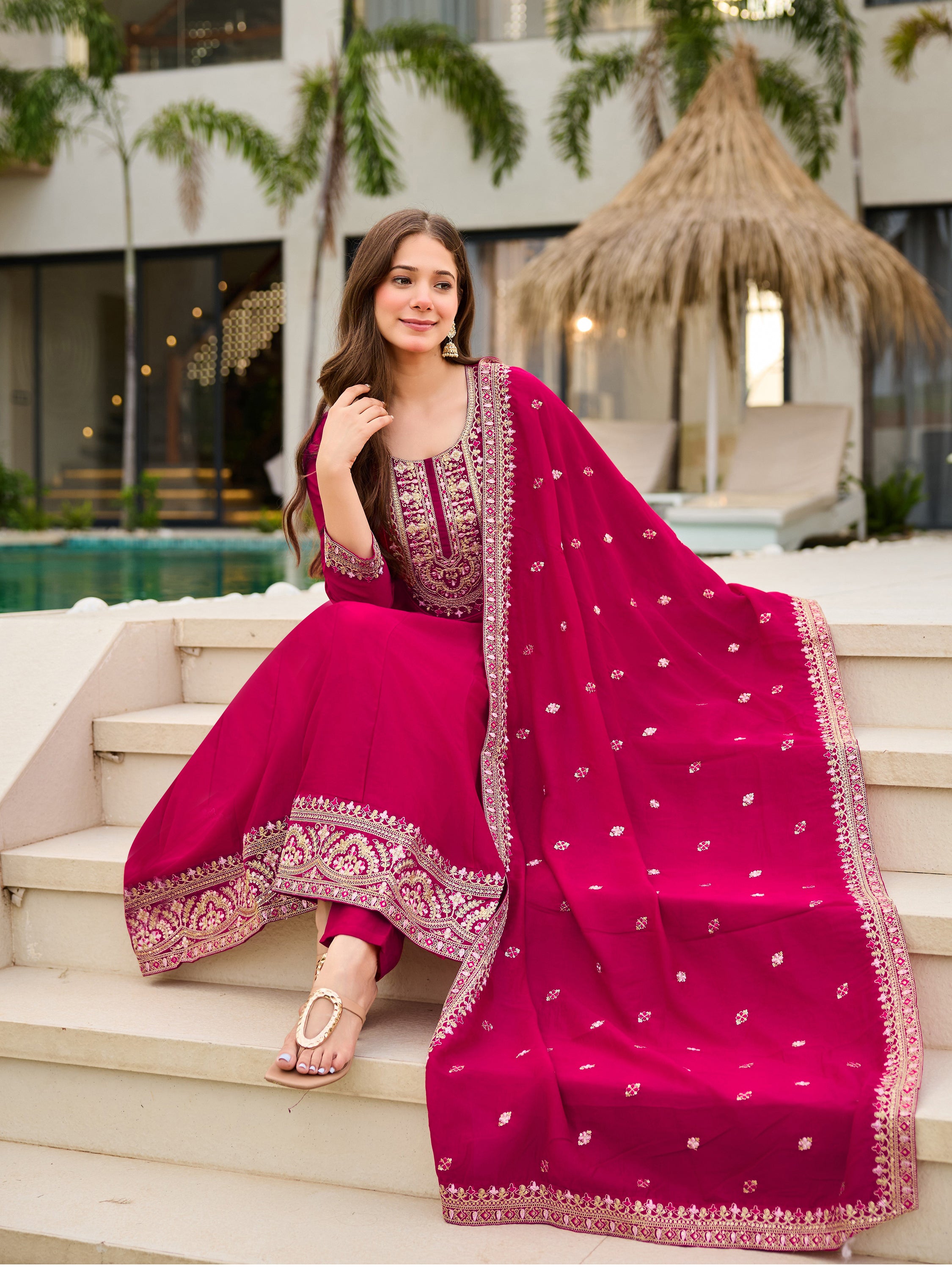 Elegant Wine CP Vichitra Embroidered Kurti Pant Set with Dupatta | Festive & Party Wear Collection